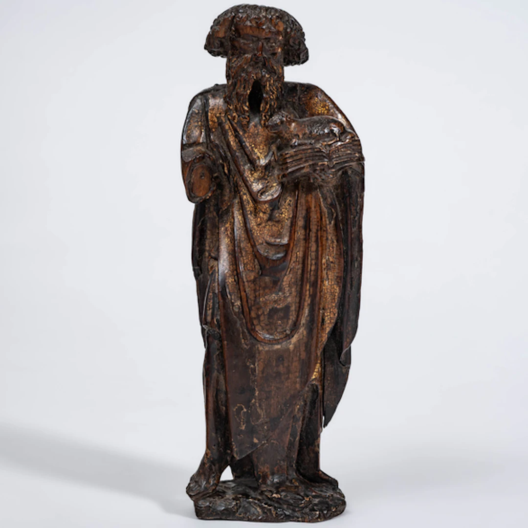 "San Juan Bautista" Escultura de bulto redondo en madera tallada con