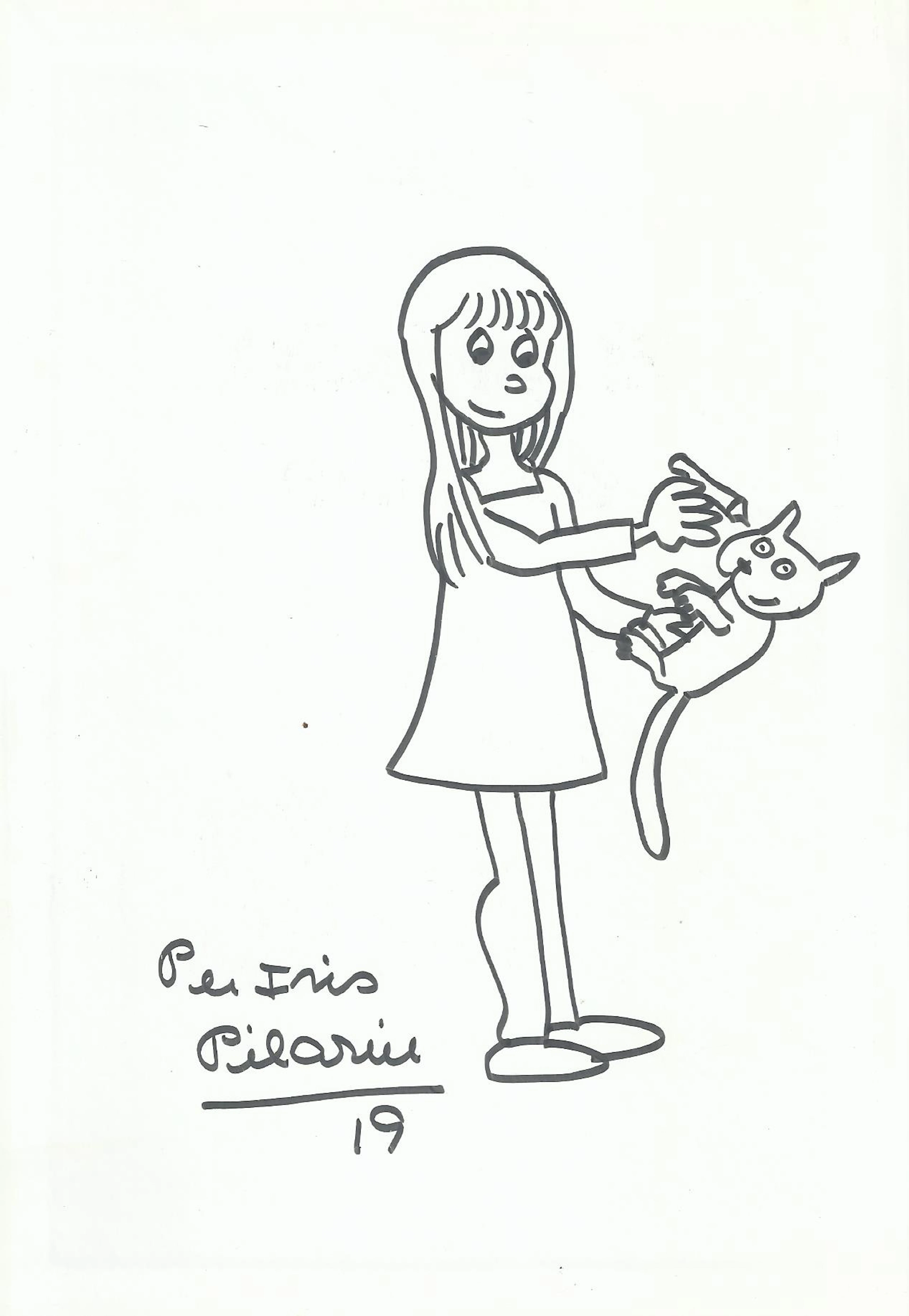 Pilarín Bayés. Ink drawing on paper "Girl drawing a cat." Signed and