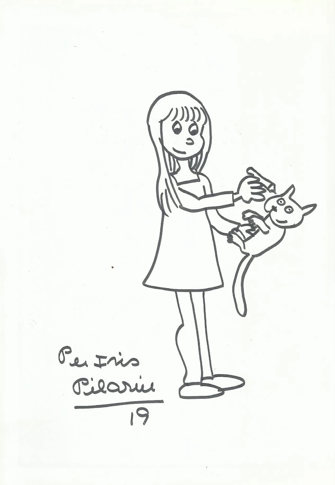 Pilarín Bayés. Ink drawing on paper "Girl drawing a cat." Signed and
