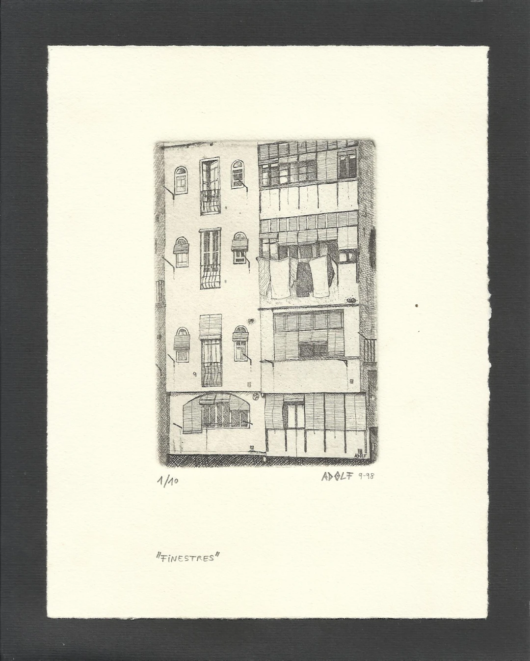 Adolf. Etching. "Windows". "Windows". Hand signed. Numbered 1/10. 21.5x16.5 cm.