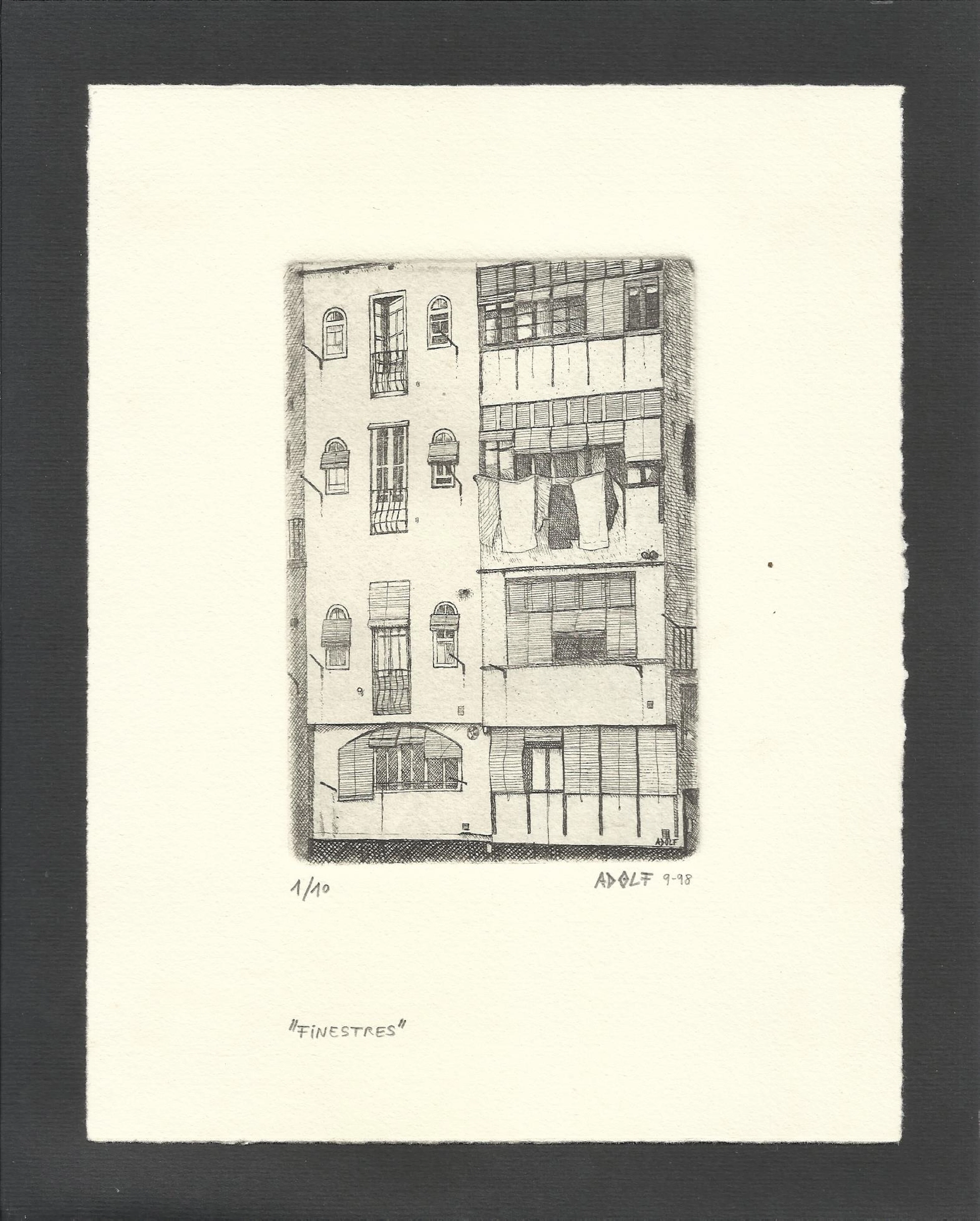 Adolf. Etching. "Windows". "Windows". Hand signed. Numbered 1/10. 21.5x16.5 cm.