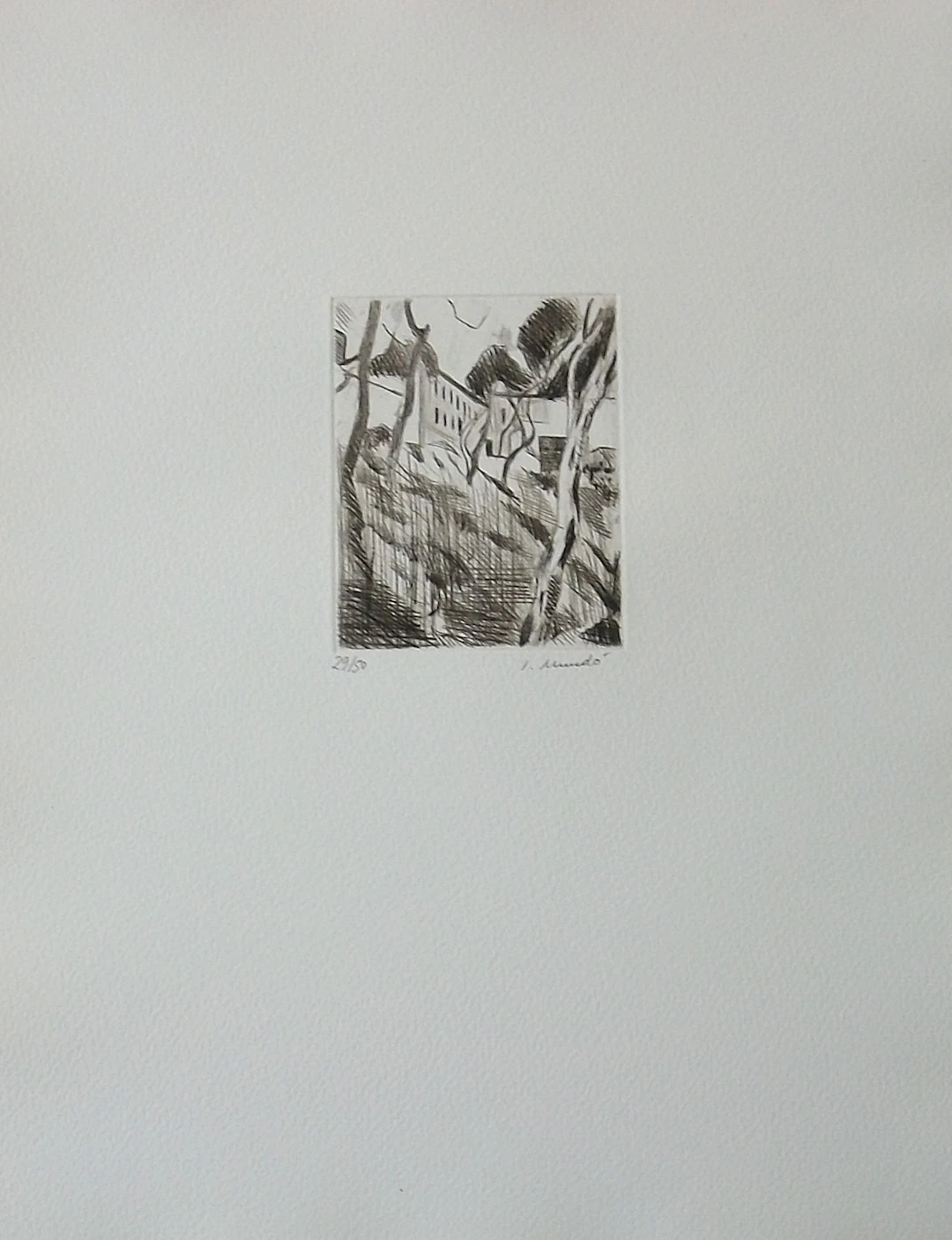 Ignasi Mundó. Engraving "House Among Trees". Drypoint. Hand-signed.