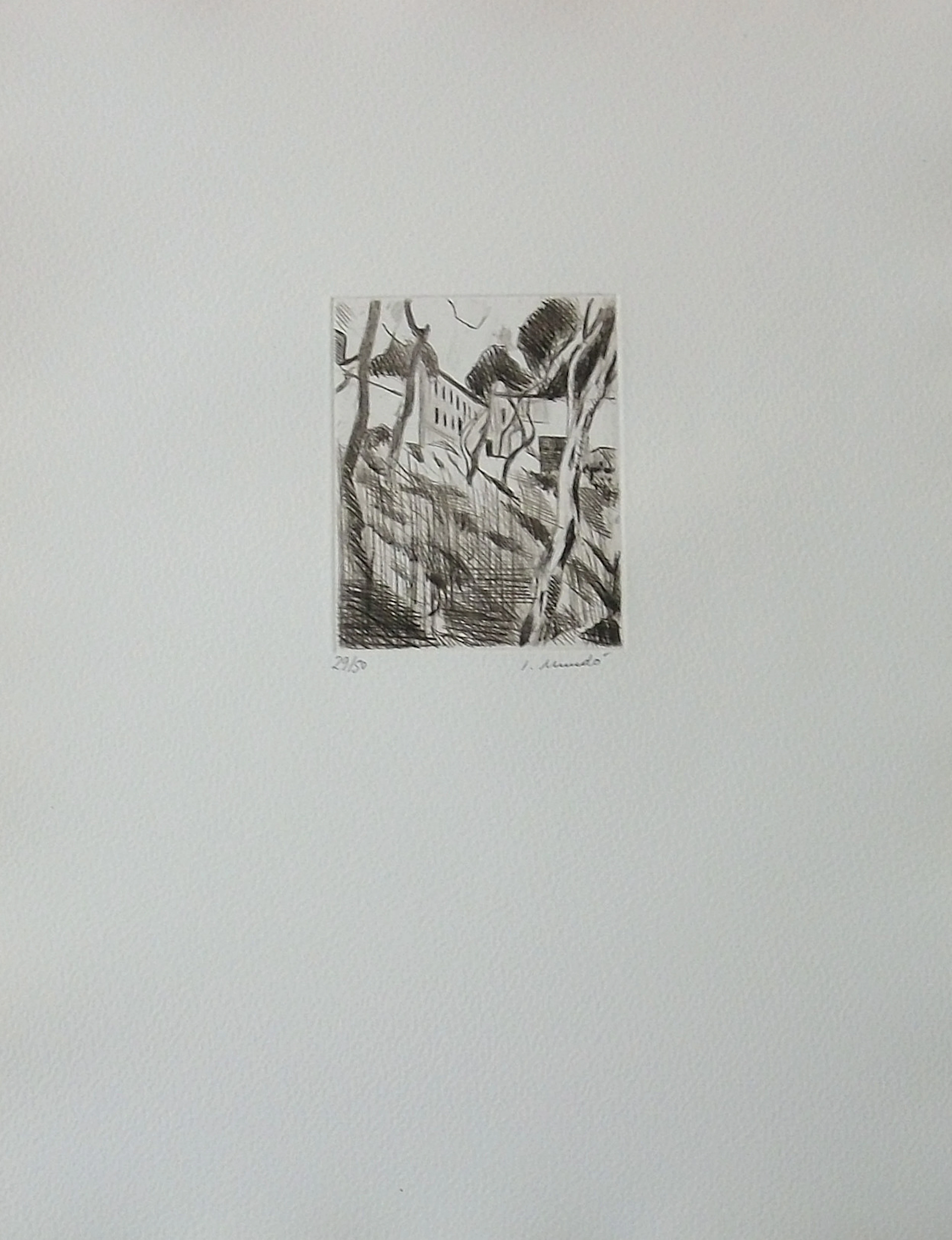 Ignasi Mundó. Engraving "House Among Trees". Drypoint. Hand-signed.