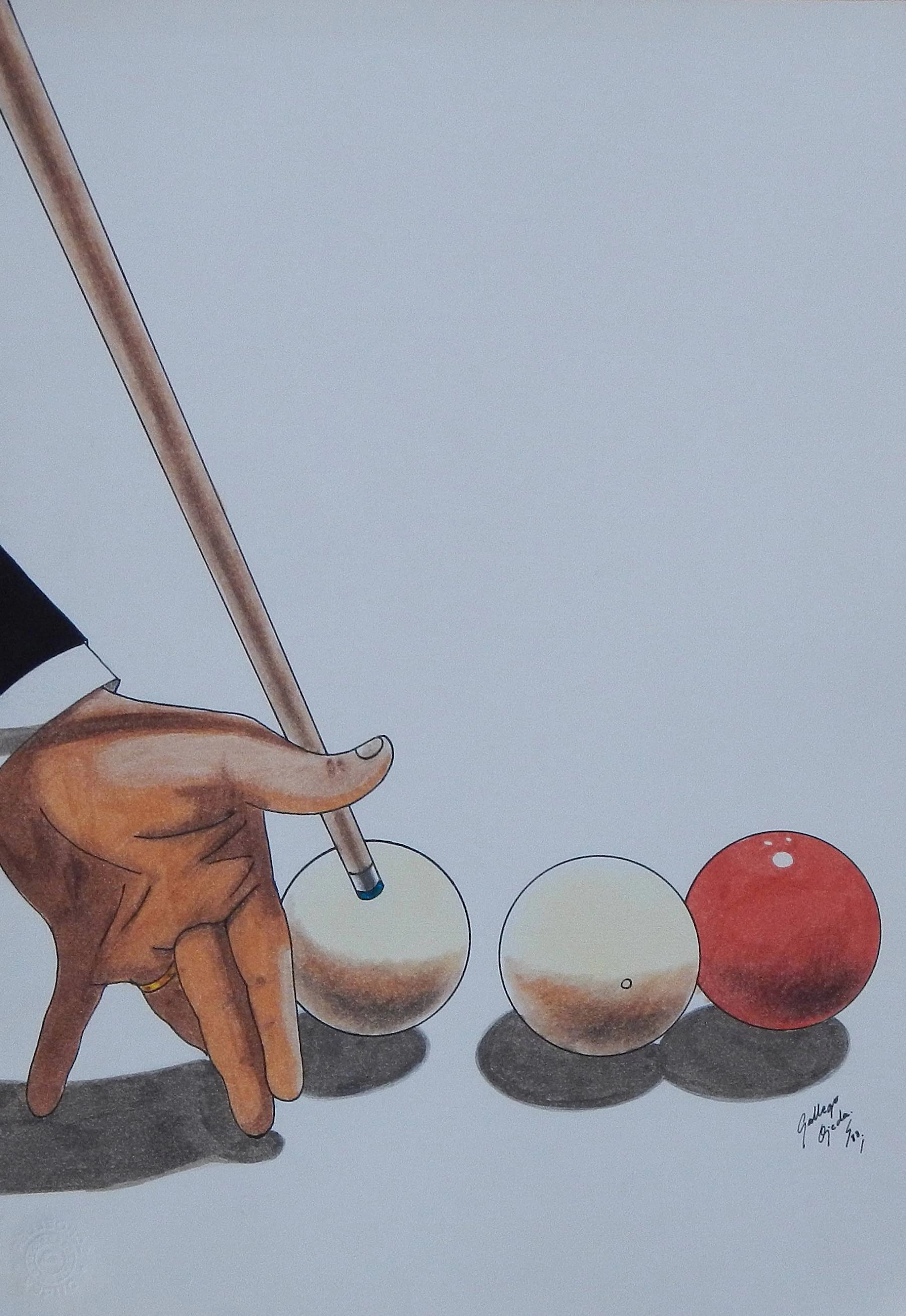 Gallego Ojeda. Ink and watercolor drawing on paper. "Billiard game".