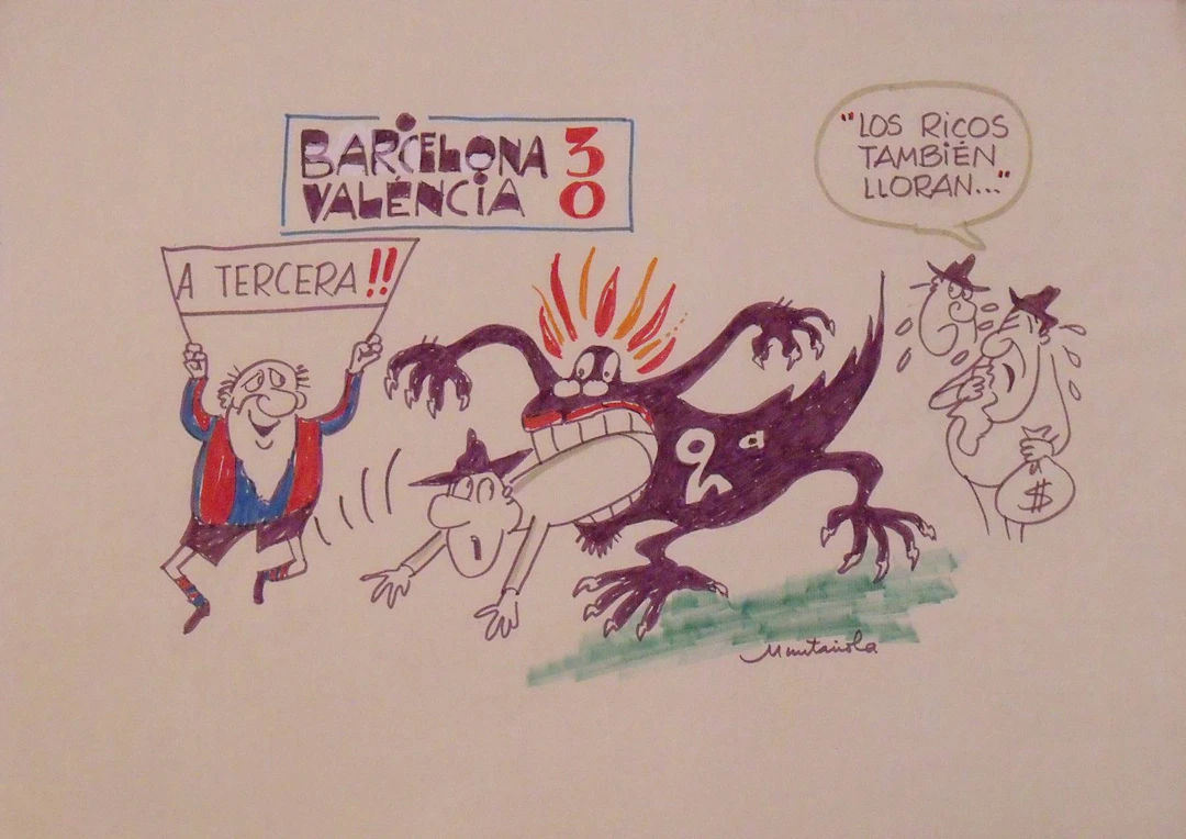 Joaquim Muntañola. Marker drawing “Barcelona 3 Valencia 0” Signed
