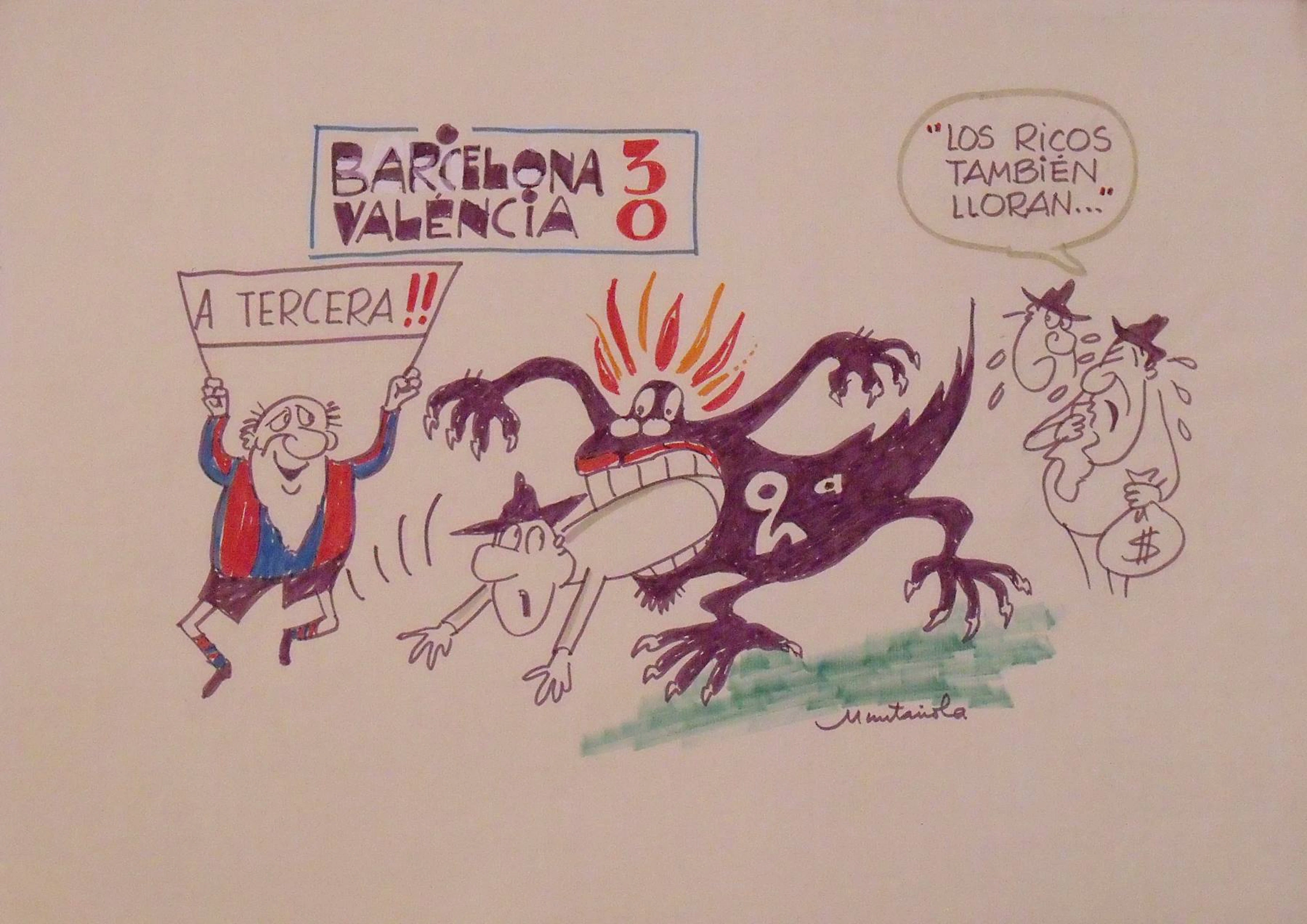 Joaquim Muntañola. Marker drawing “Barcelona 3 Valencia 0” Signed