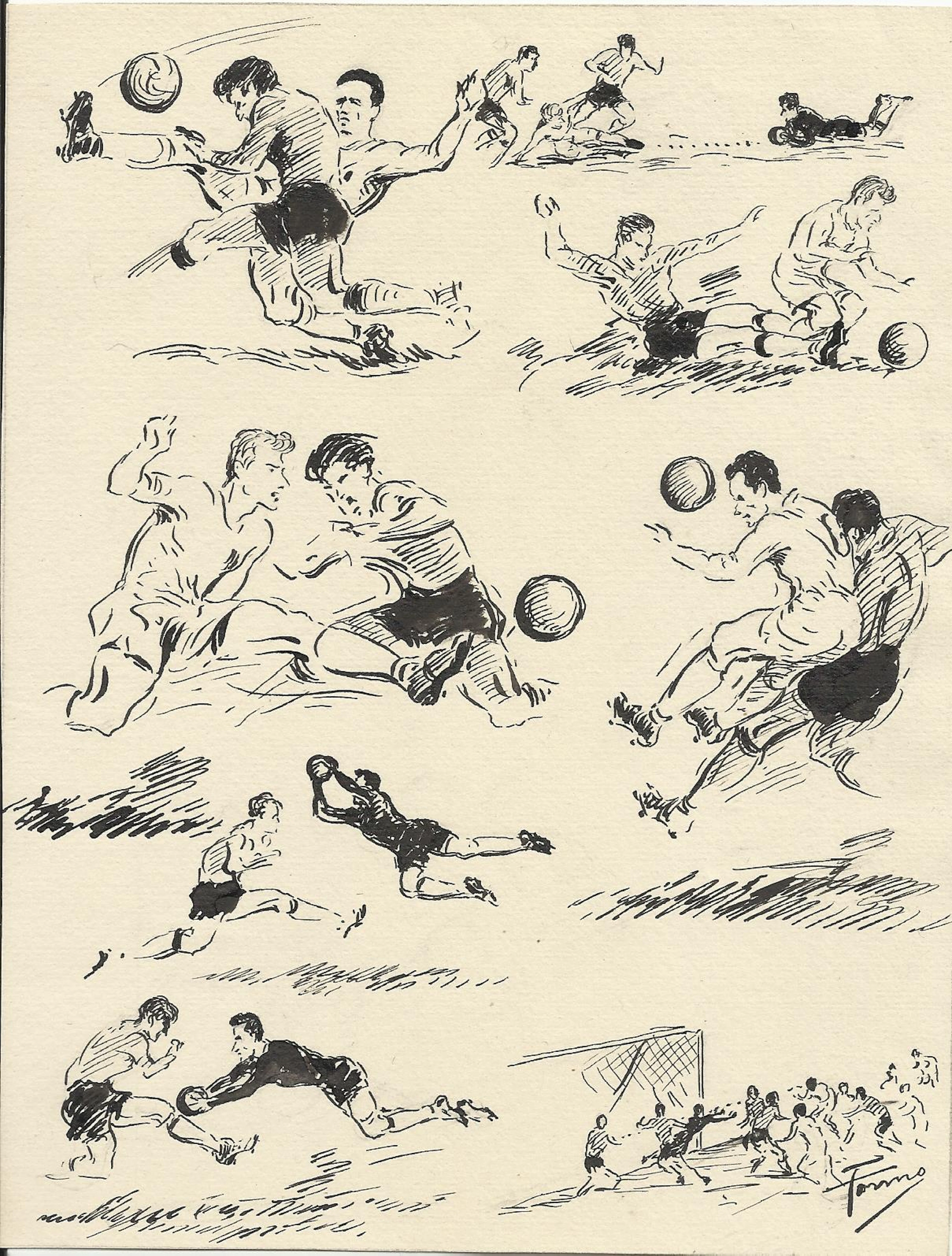 Federico Tormo Monzó. Ink drawing. Valencia C.F. 1950s. Football.