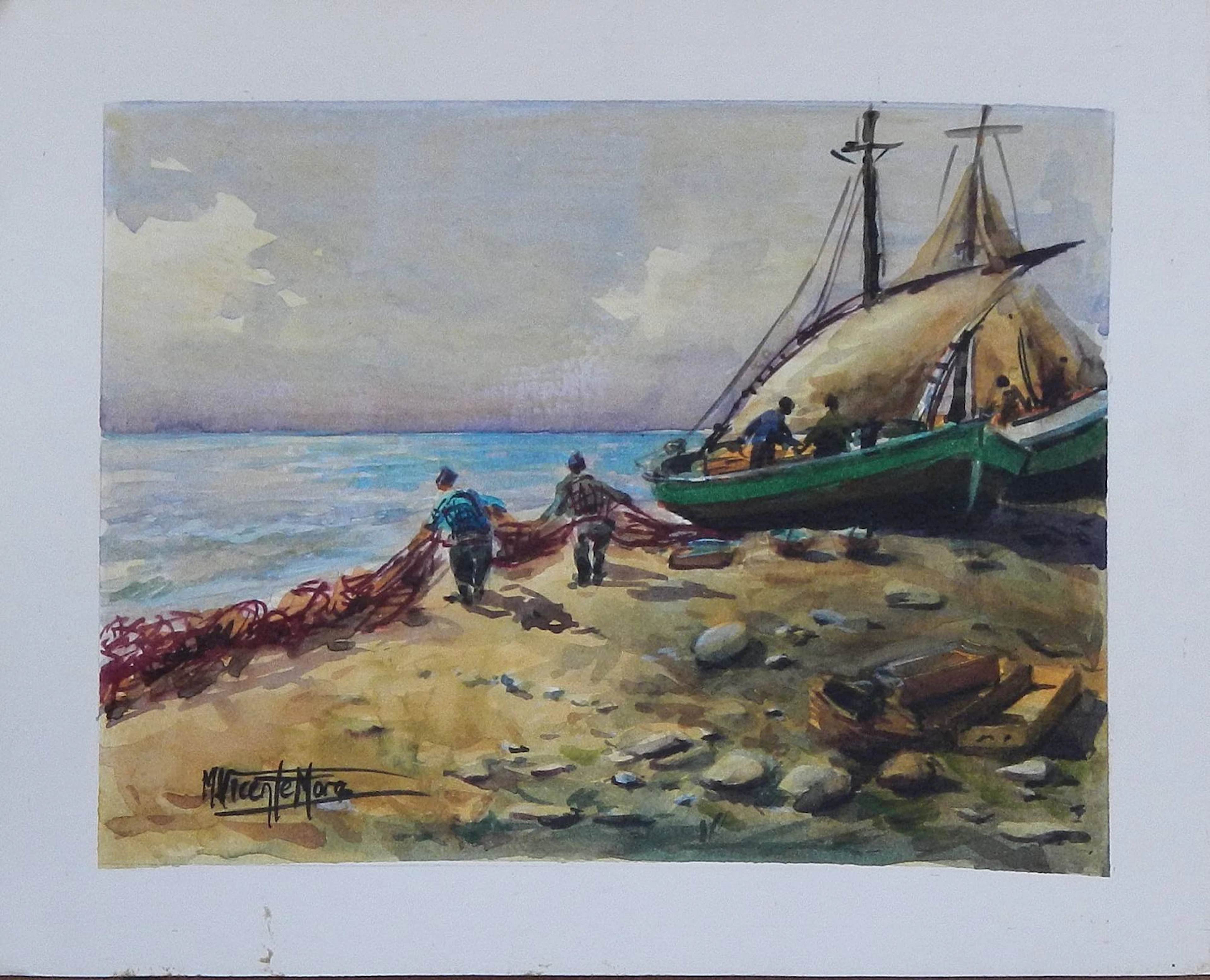 Manuel Vicente Mora. Watercolor on paper. "Fishing scene. Nets". Hand-signed.