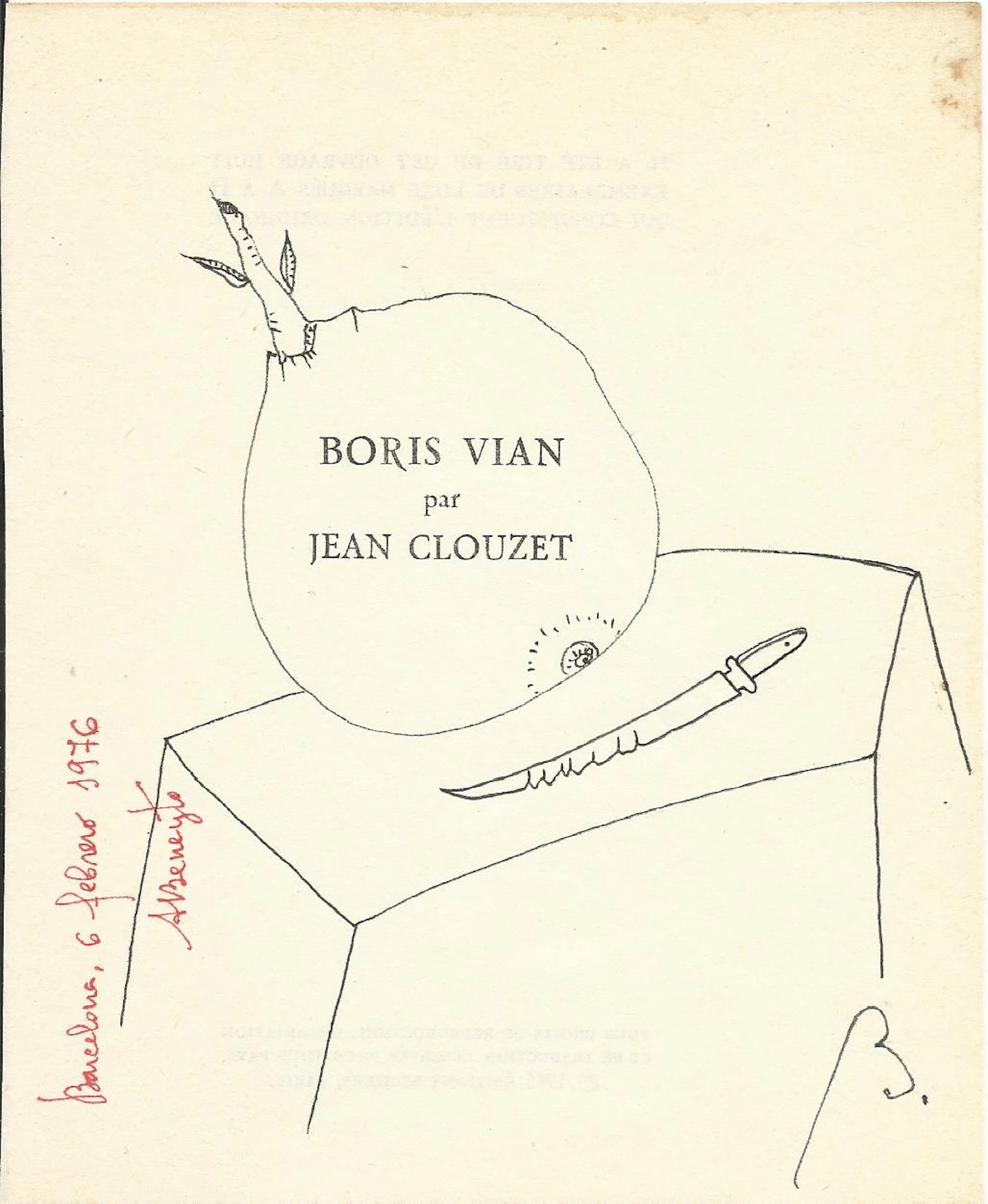 Antonio Beneyto. Ink drawing on paper. "Table, knife and onion". Hand-signed.