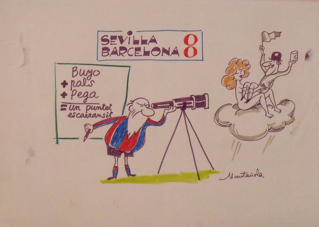 Joaquim Muntañola. Marker drawing “Sevilla 0 Barcelona 0” Signed by