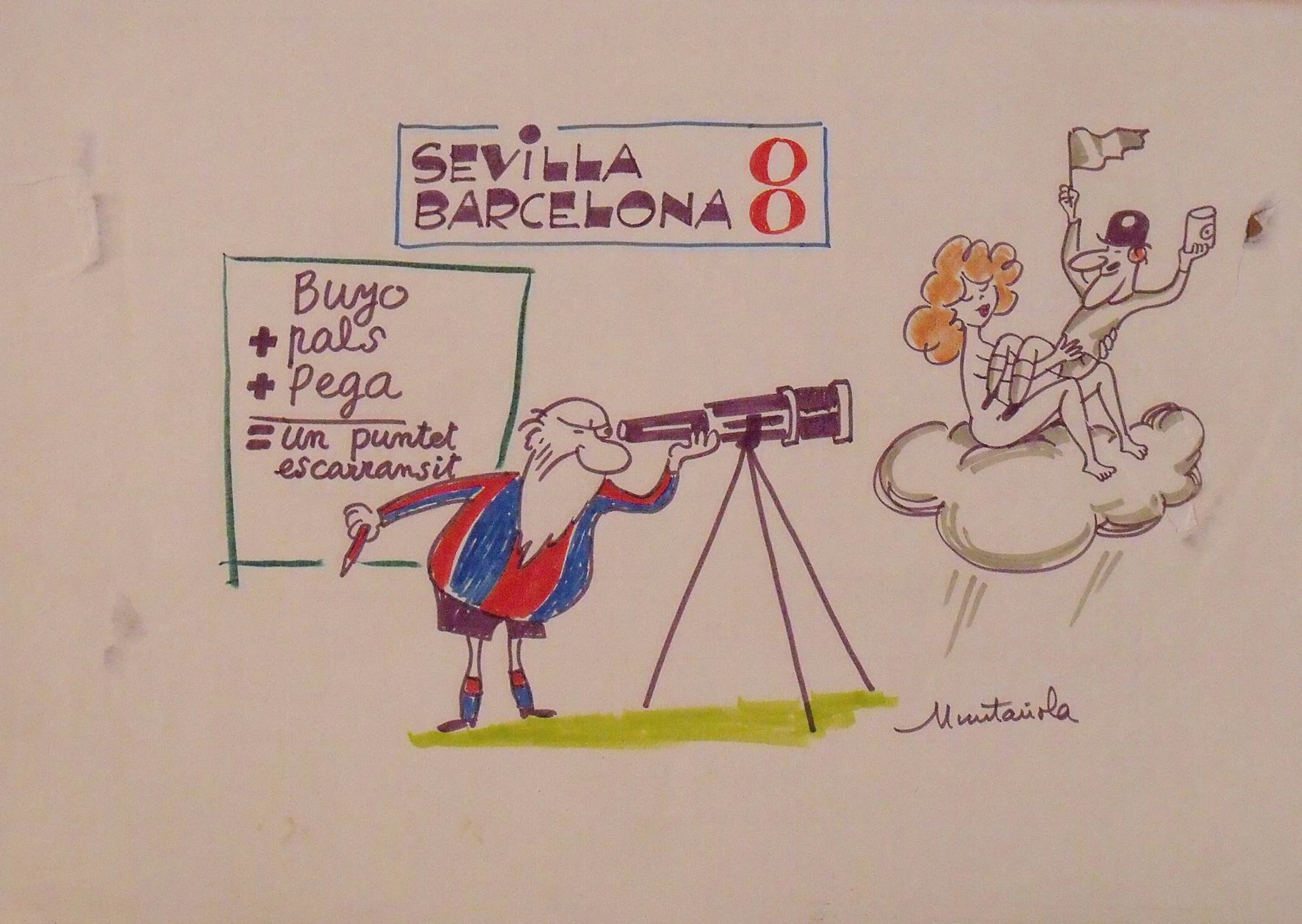 Joaquim Muntañola. Marker drawing “Sevilla 0 Barcelona 0” Signed by