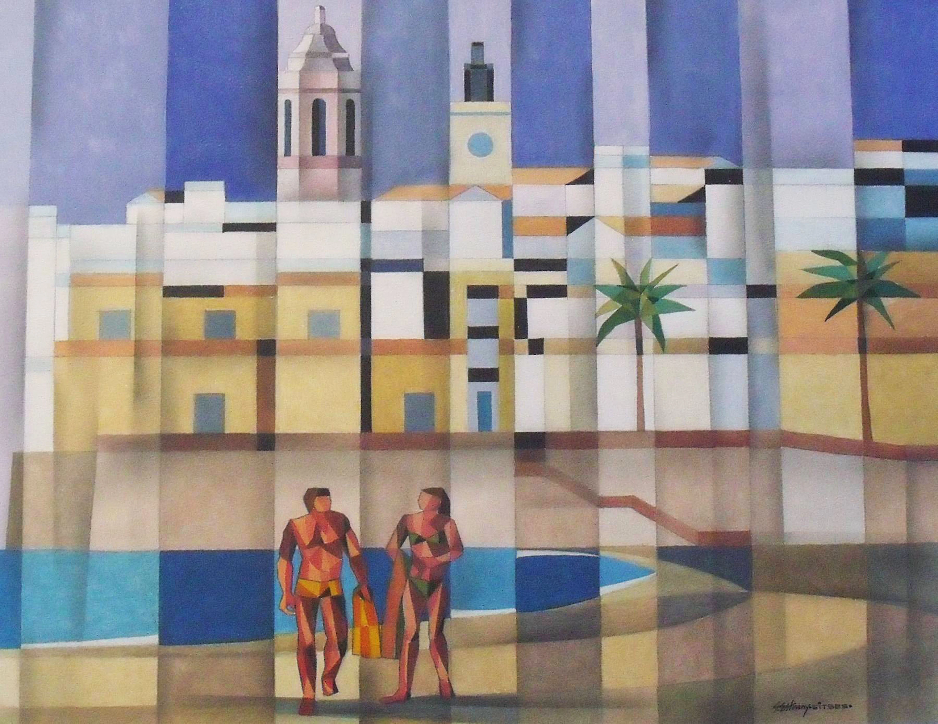 Santiago Estrany. Watercolor on paper "Sitges". Hand signed. 50x65cm.