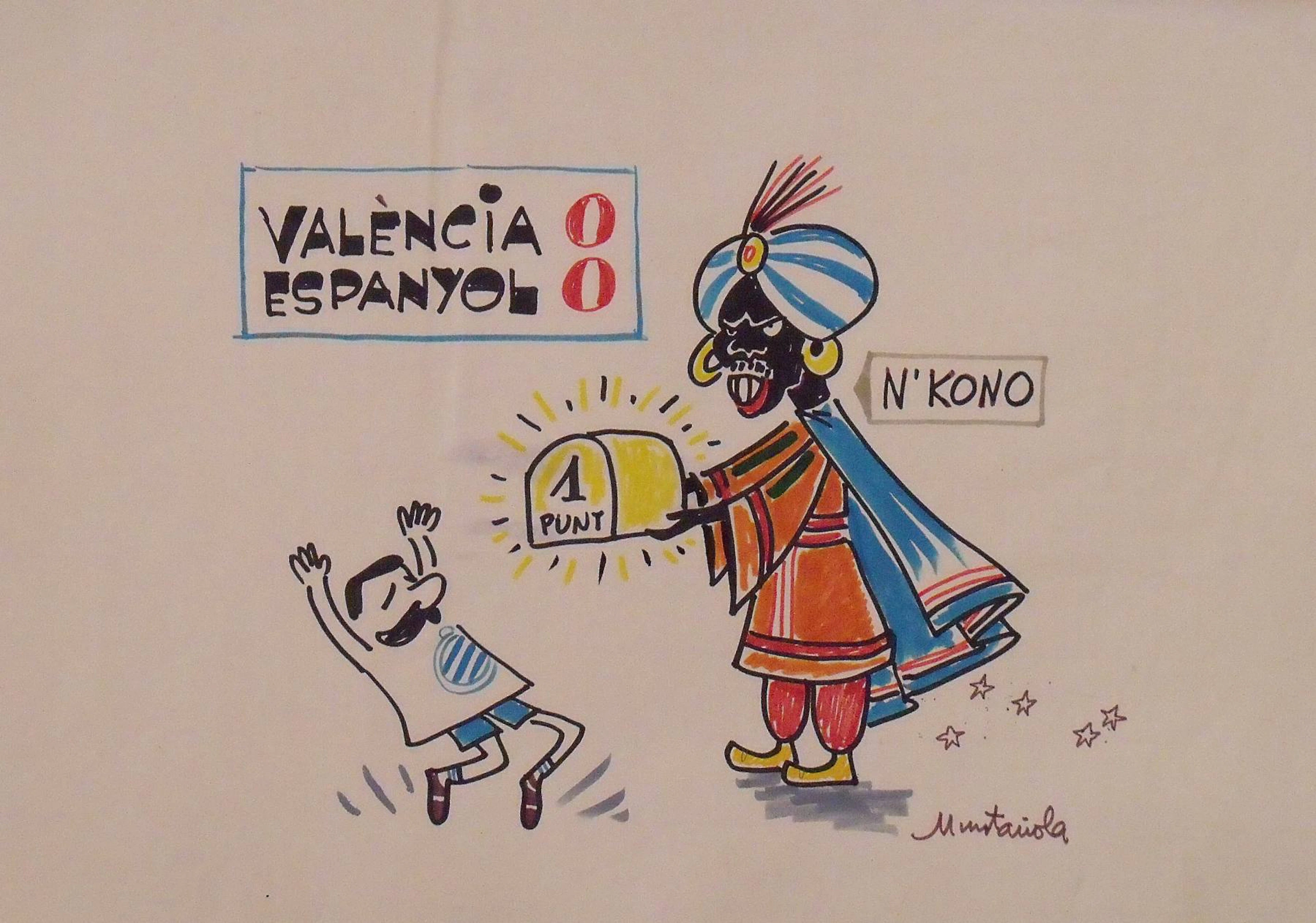 Joaquim Muntañola. Marker drawing “Valencia 0 Espanyol 0”. Hand signed.