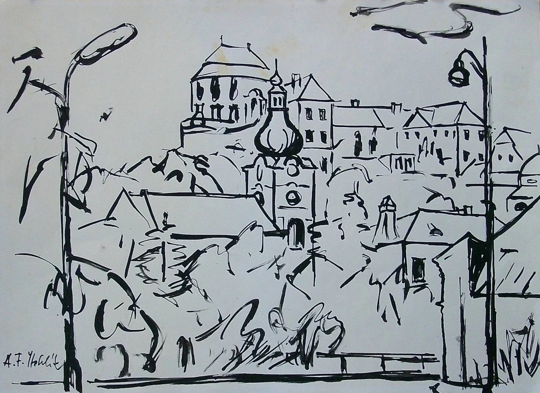 Antonin Frantisek Sthelík. Ink drawing “Landscape with Church”. Hand-signed.