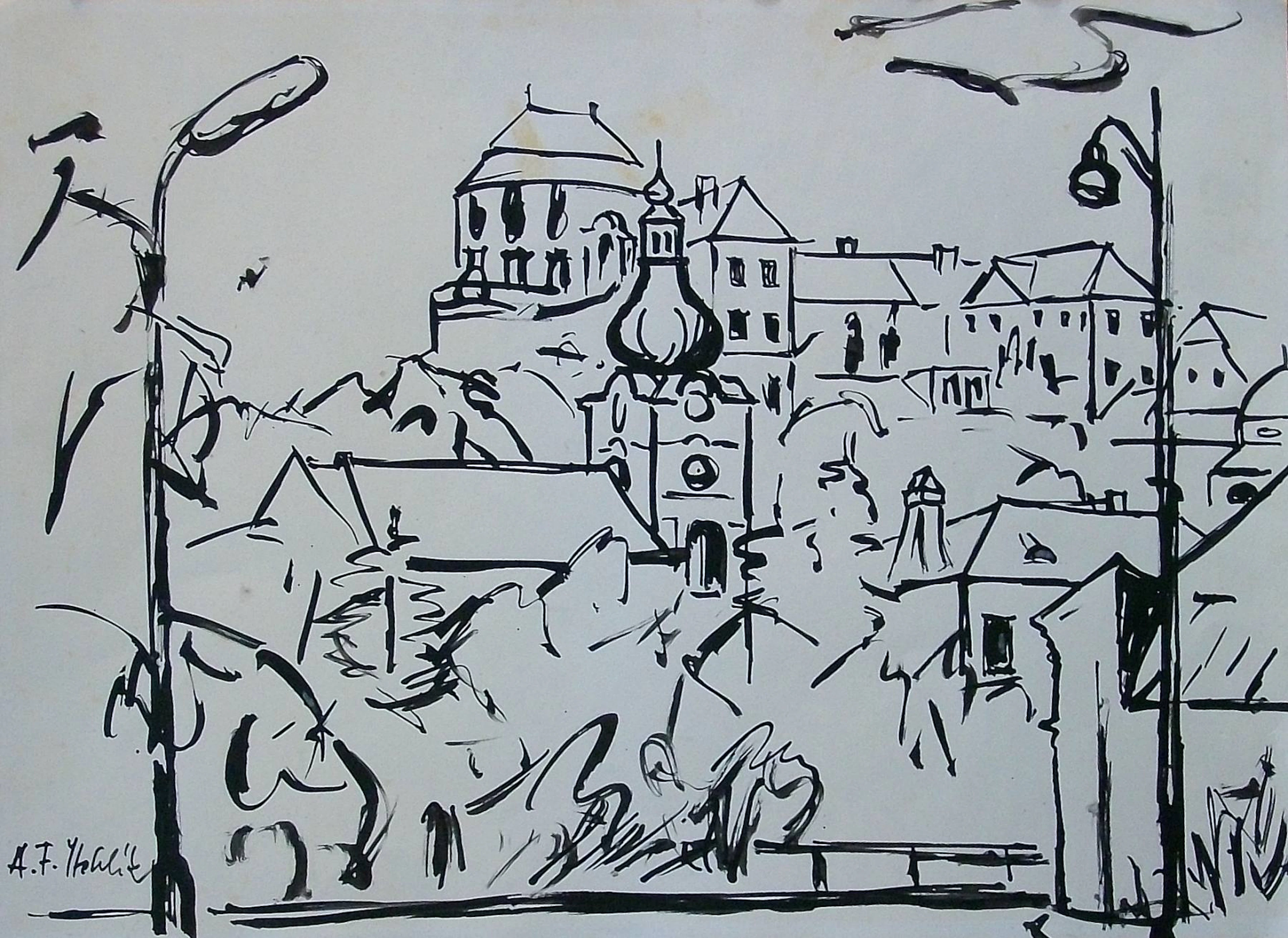 Antonin Frantisek Sthelík. Ink drawing “Landscape with Church”. Hand-signed.