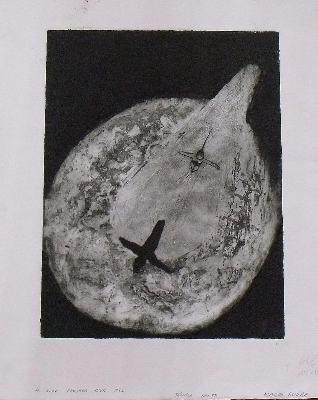 Magda Rovira. Engraving "La vida penjada d'un fil". Mixed technique.