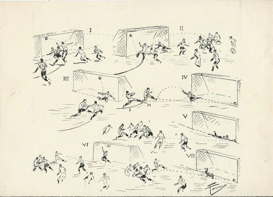 Federico Tormo Monzó. Ink drawing. 17x23 cm. Valencia C. F. 7 goals.