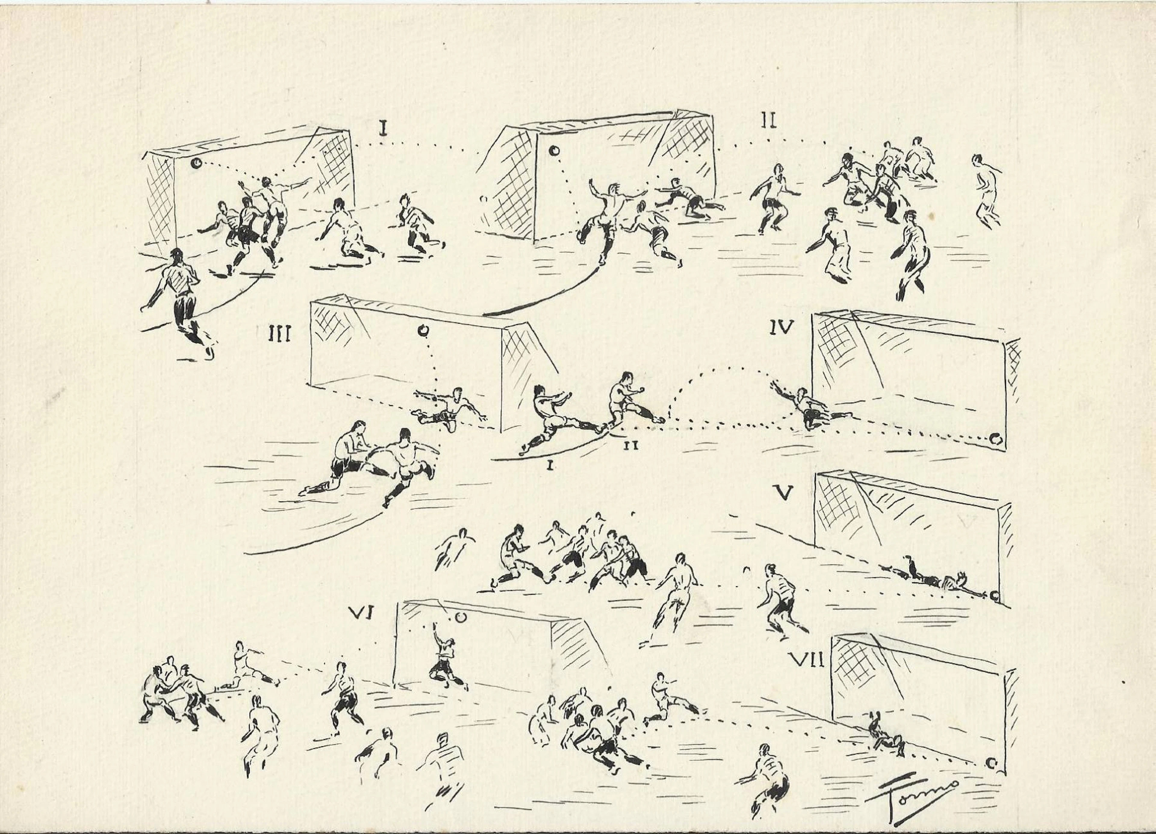 Federico Tormo Monzó. Ink drawing. 17x23 cm. Valencia C. F. 7 goals.