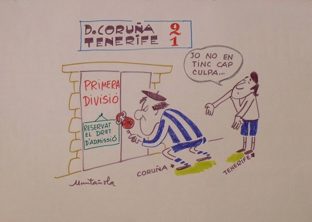 Joaquim Muntañola. Marker drawing ”D. Coruña 2 Tenerife 1”. Hand signed.