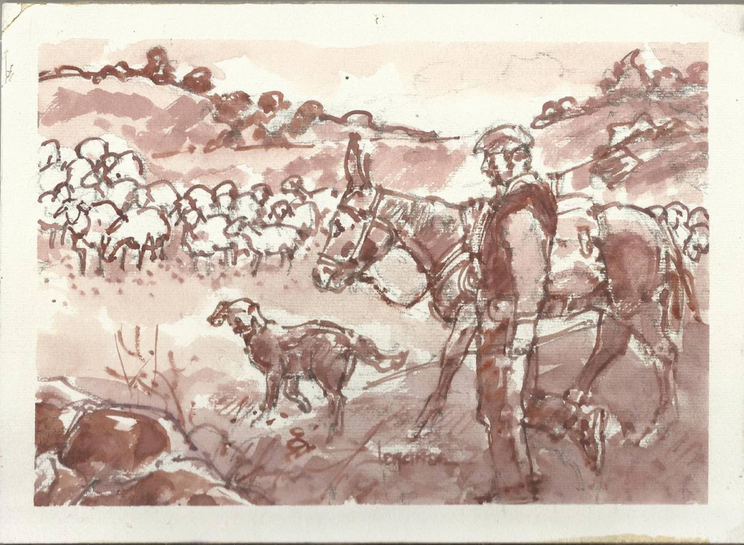 Carlos Enrique Lencinas Gómez. Watercolor on paper. “Shepherd, sheep