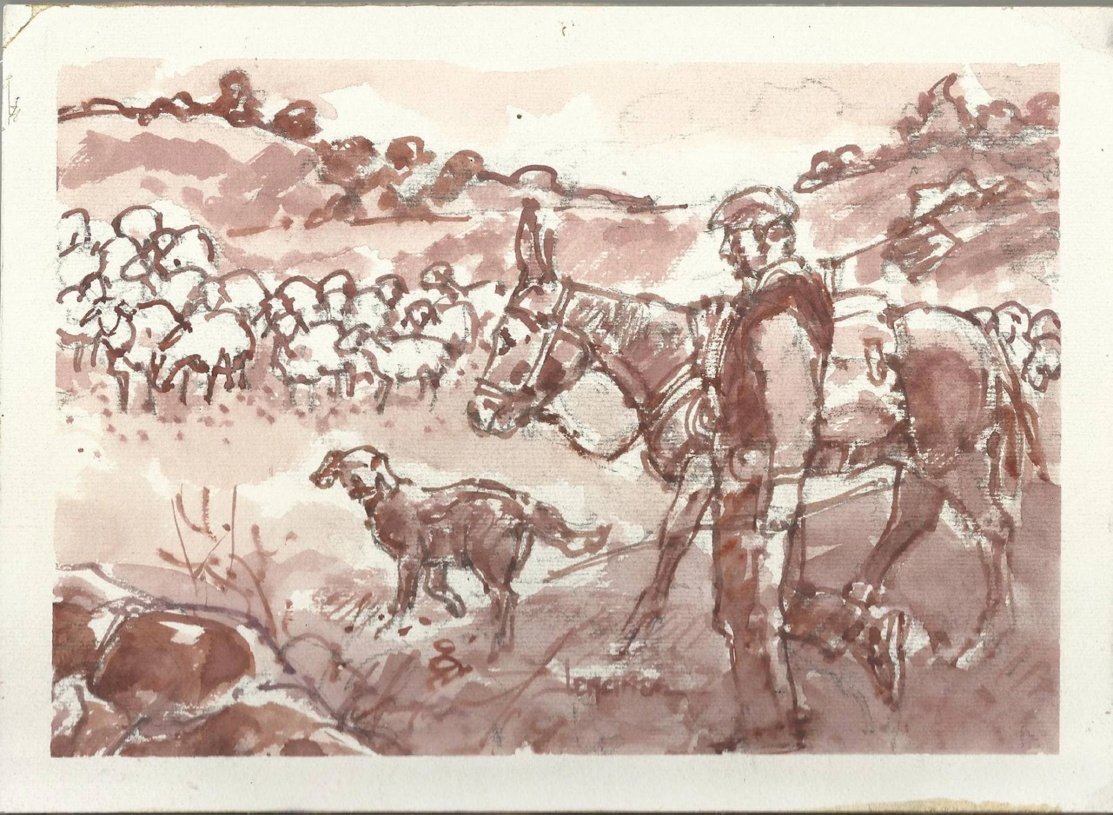 Carlos Enrique Lencinas Gómez. Watercolor on paper. “Shepherd, sheep