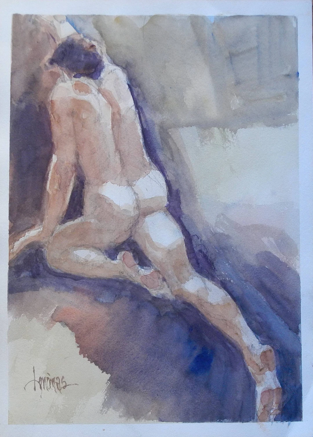 Carlos Enrique Lencinas Gómez. Watercolor on paper. “Male Nude”. Hand-signed.