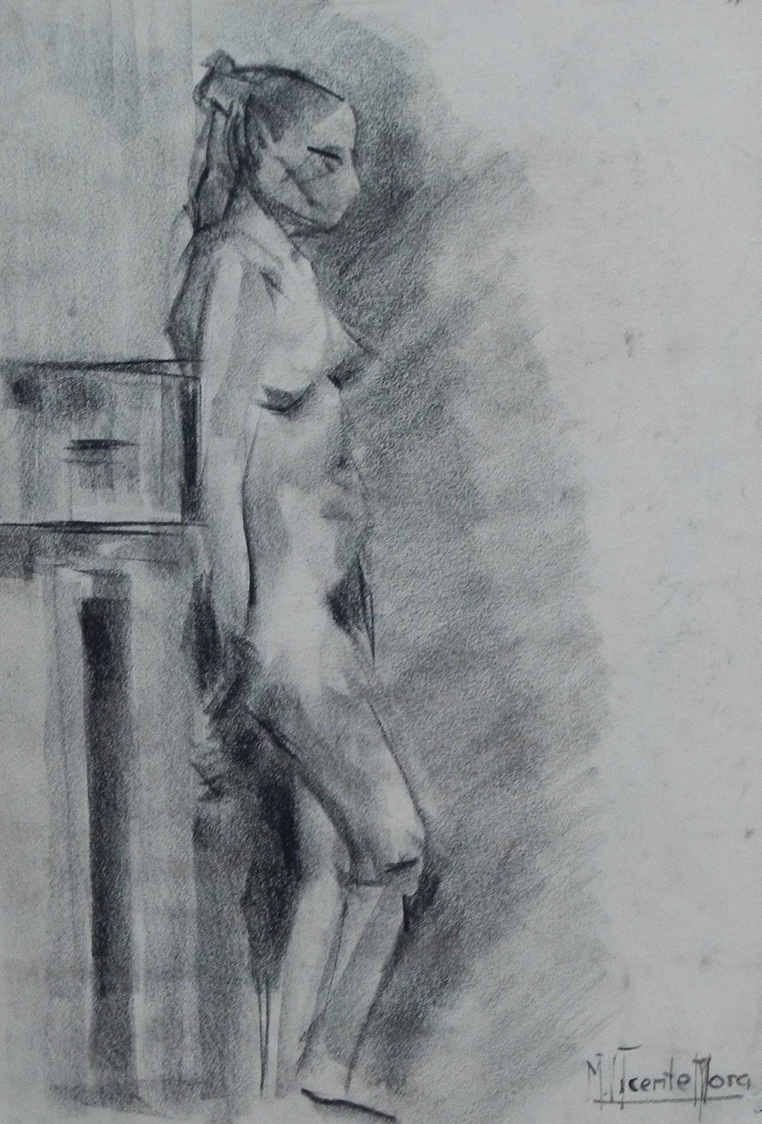 Manuel Vicente Mora. Charcoal on paper. “Female Nude and Faces”. Hand-signed.