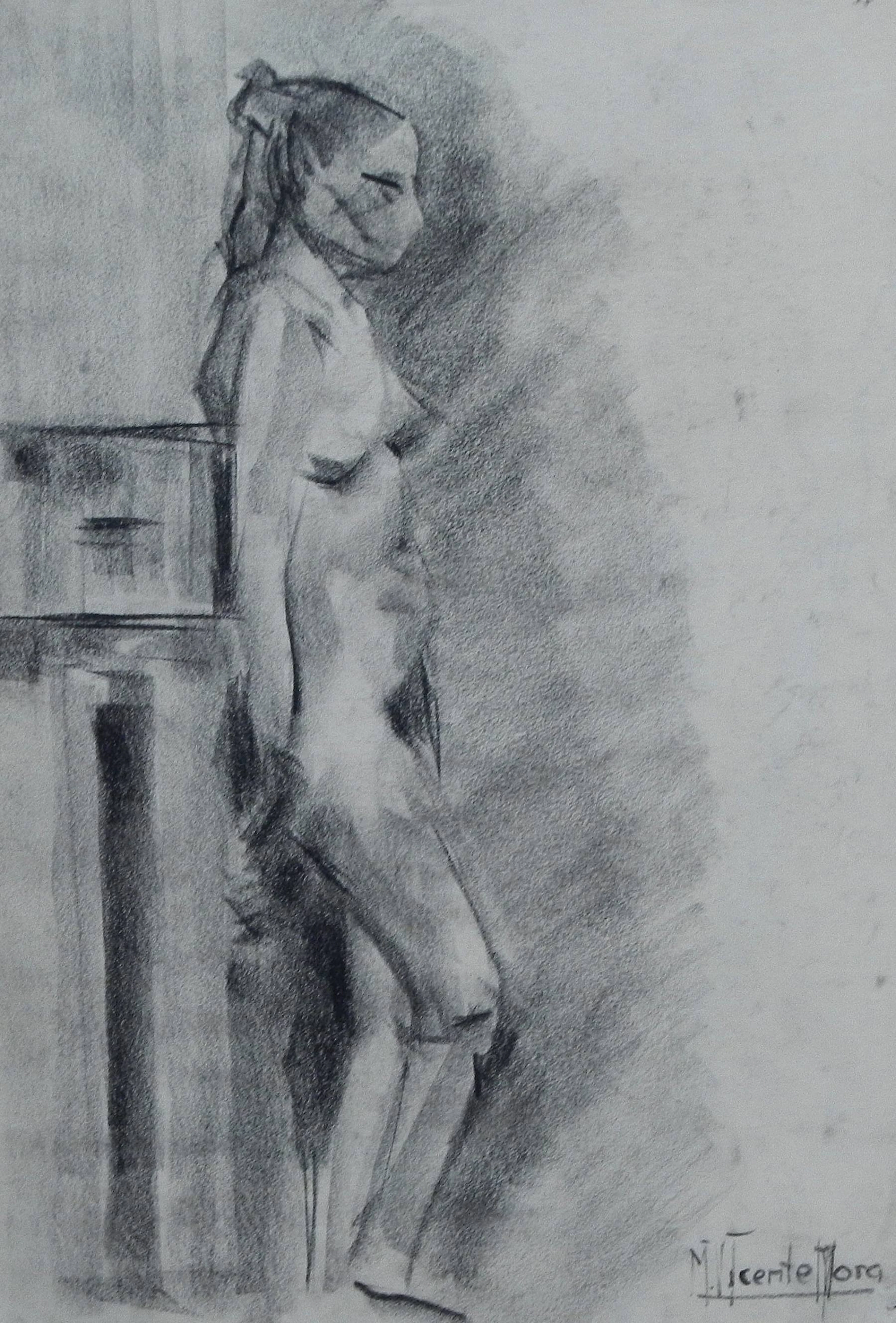 Manuel Vicente Mora. Charcoal on paper. “Female Nude and Faces”. Hand-signed.