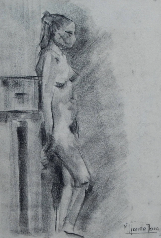 Manuel Vicente Mora. Charcoal on paper. “Female Nude and Faces”. Hand-signed.