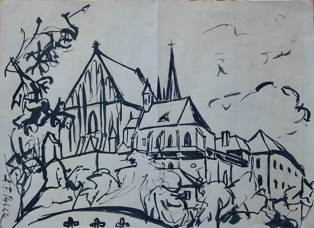 Antonin Frantisek Sthelík. Ink drawing “Landscape with Church”. Hand-signed.