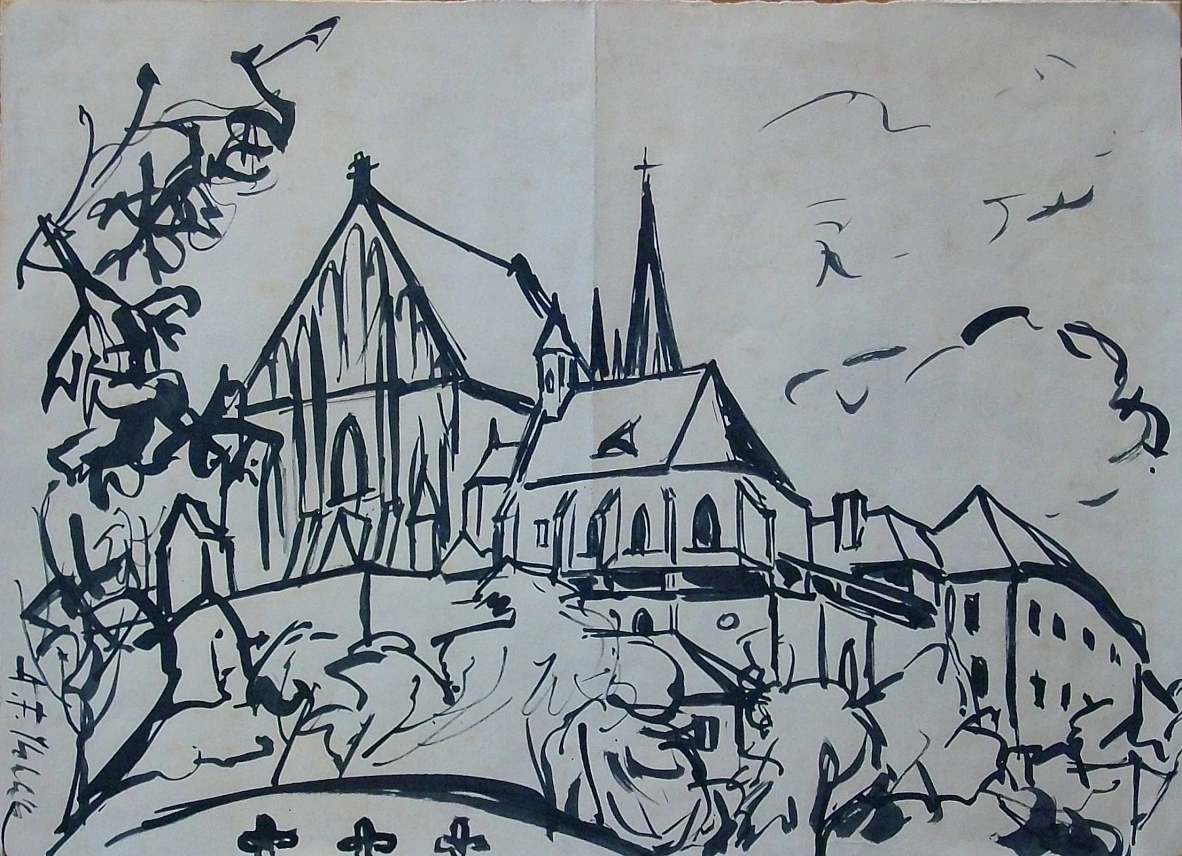 Antonin Frantisek Sthelík. Ink drawing “Landscape with Church”. Hand-signed.