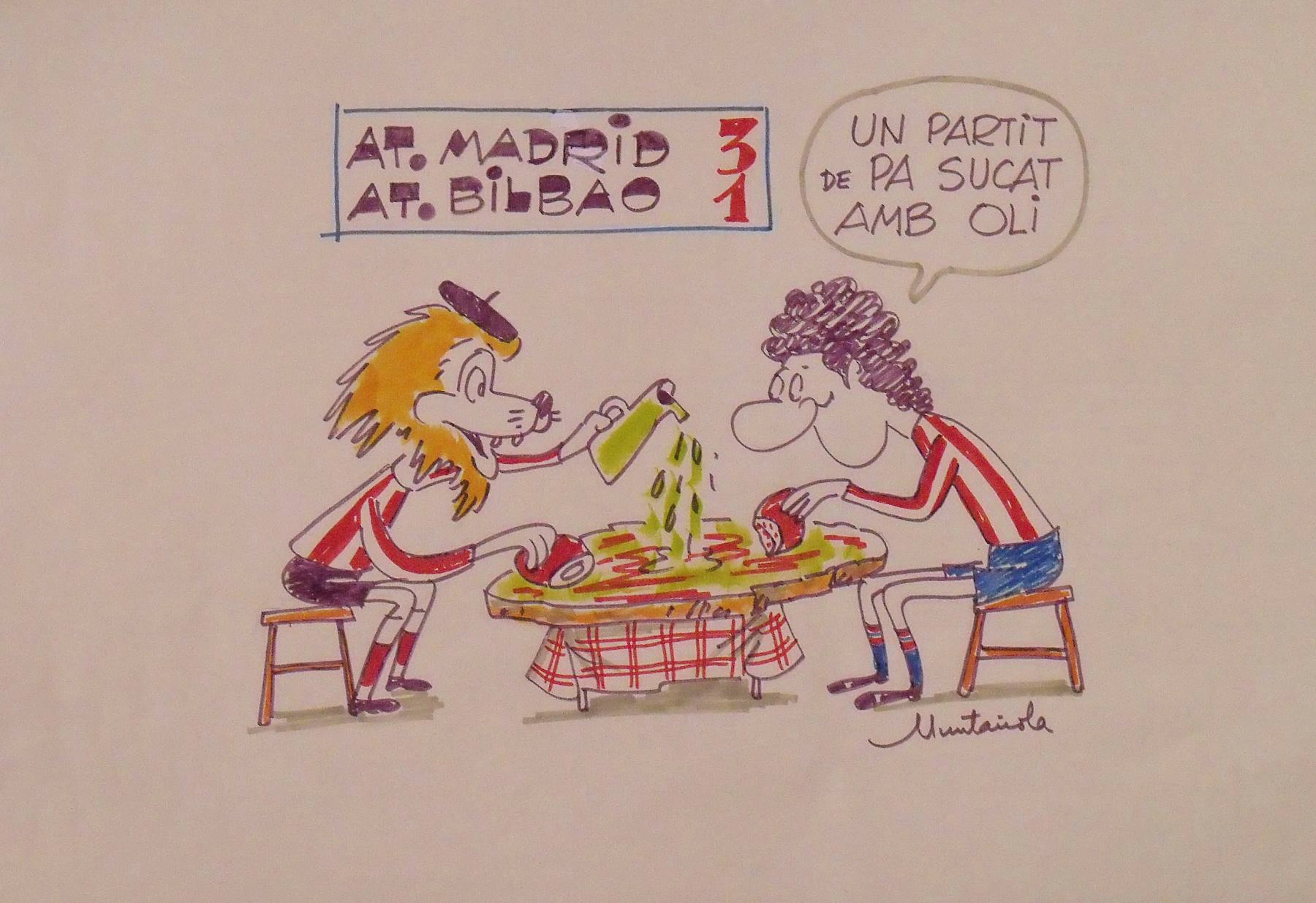 Joaquim Muntañola. Marker drawing “At. Madrid 3 At. Bilbao 1”. Hand