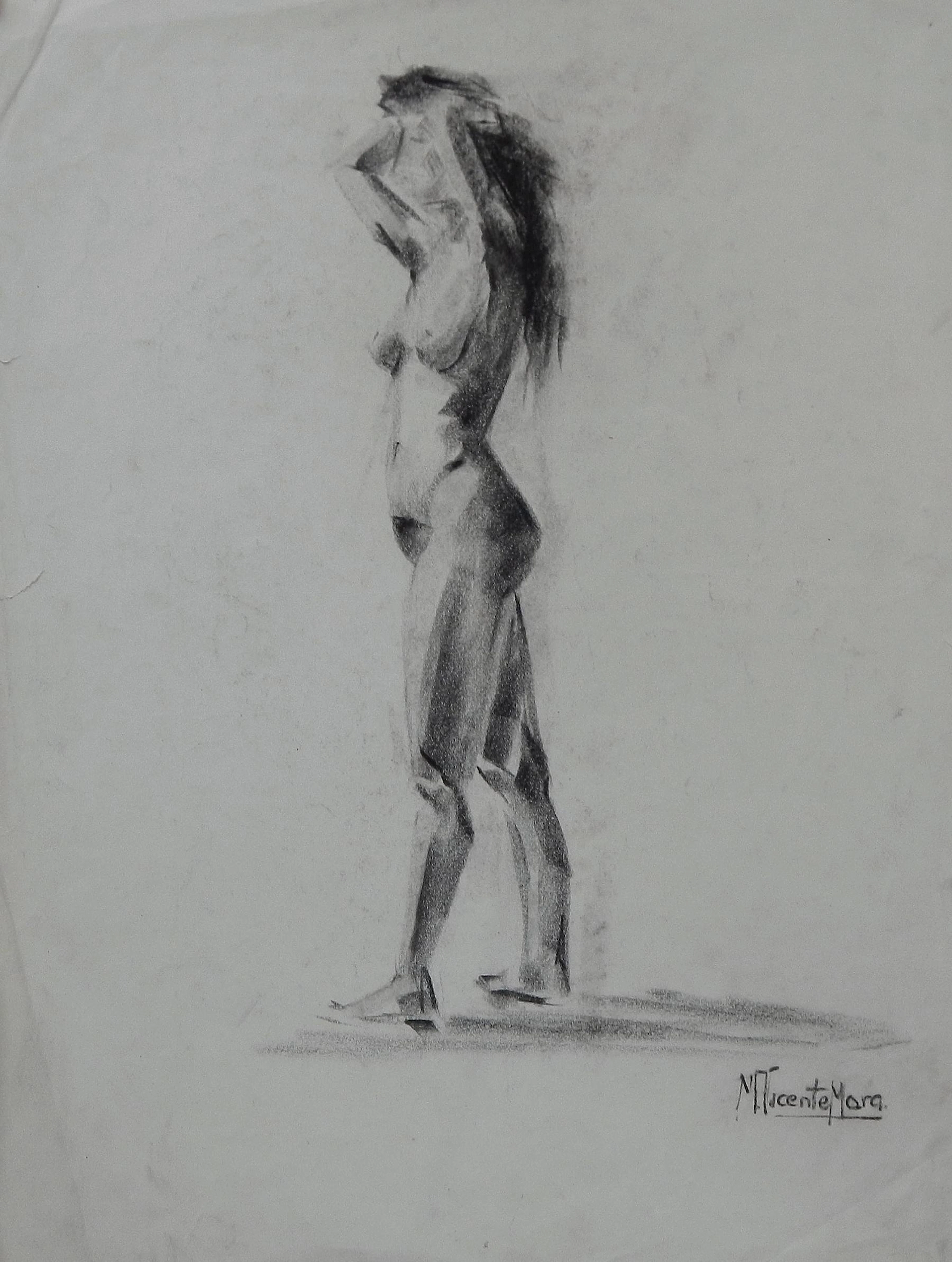 Manuel Vicente Mora. Charcoal on paper. “Female Nude”. Hand-signed. 43x34 cm.