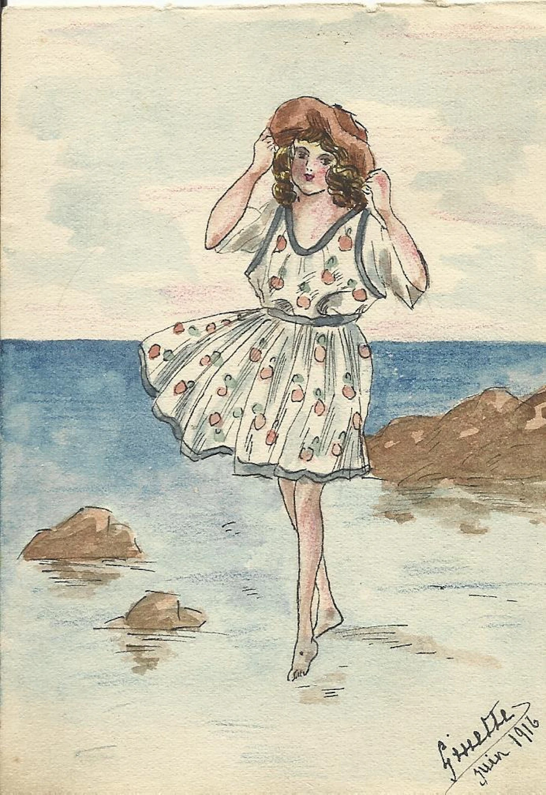 Gissette. French fashion illustration in ink and watercolor "Lady