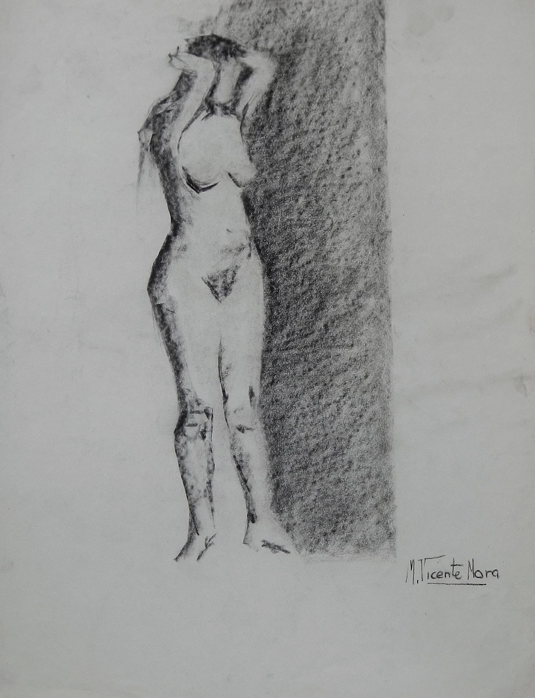 Manuel Vicente Mora. Charcoal on paper. “Female Nude”. Hand-signed. 43x34 cm.