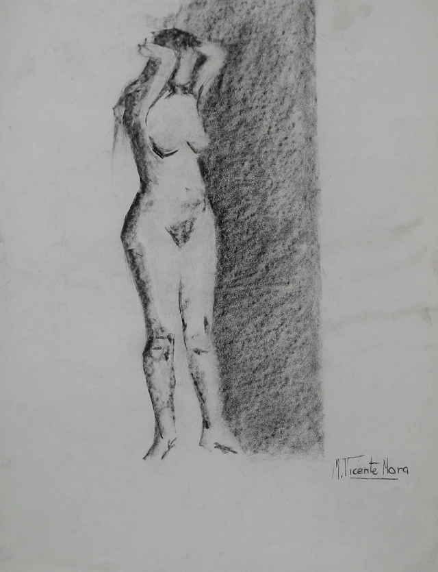 Manuel Vicente Mora. Charcoal on paper. “Female Nude”. Hand-signed. 43x34 cm.