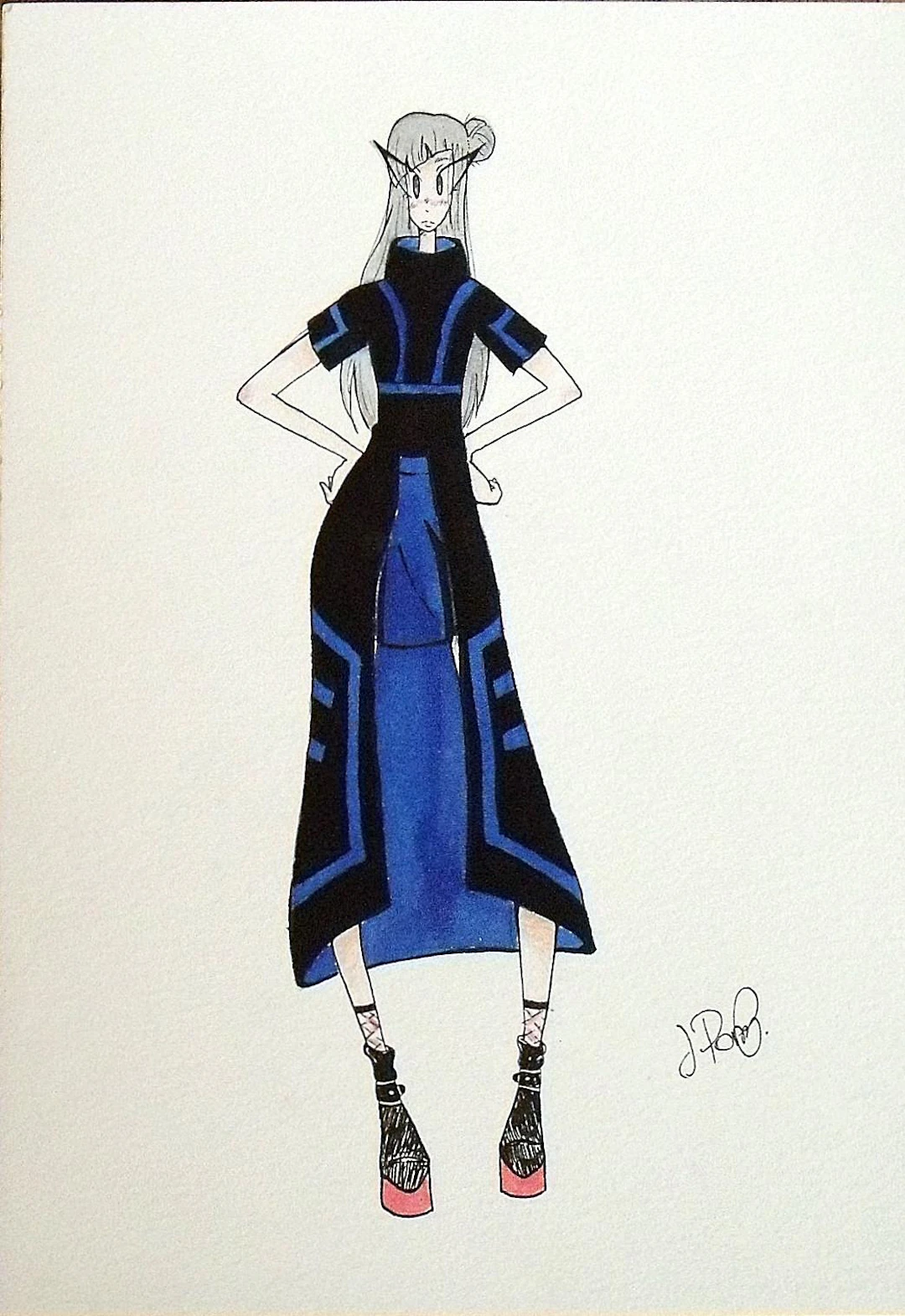 Julia Pons Pallas. Fashion Figurine drawing. Anime type. Watercolor