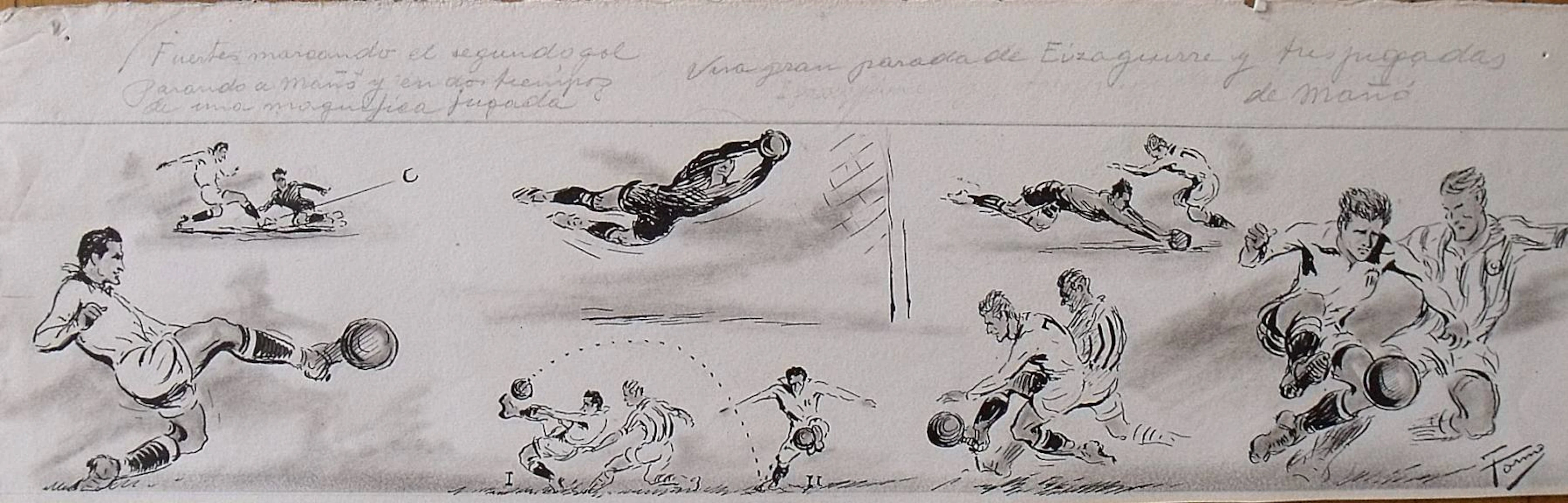 Federico Tormo Monzó. Ink drawing. "Valencia 5 - Real Sociedad 2 football
