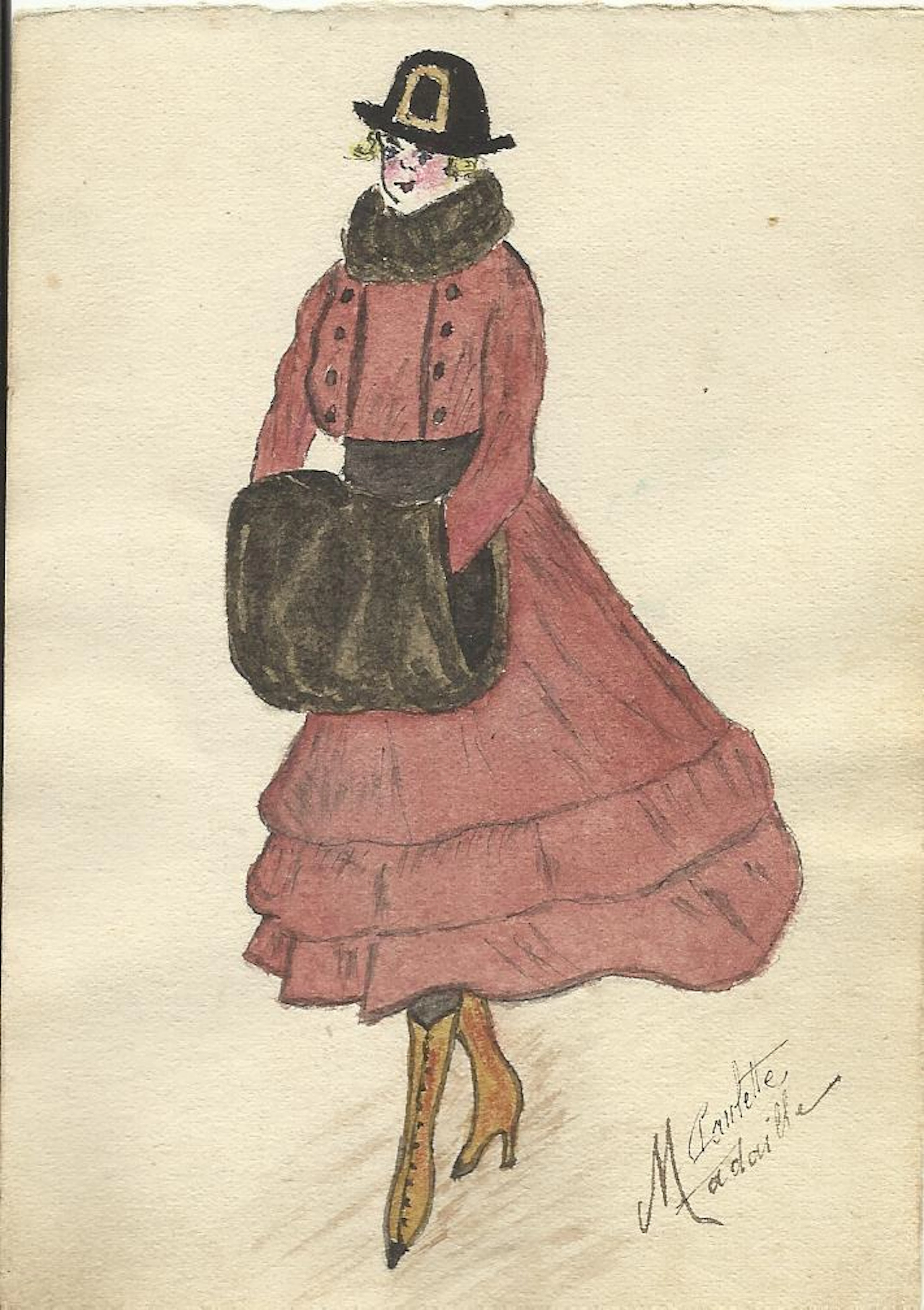 Paulette. French fashion illustration or drawing in ink and watercolor.
