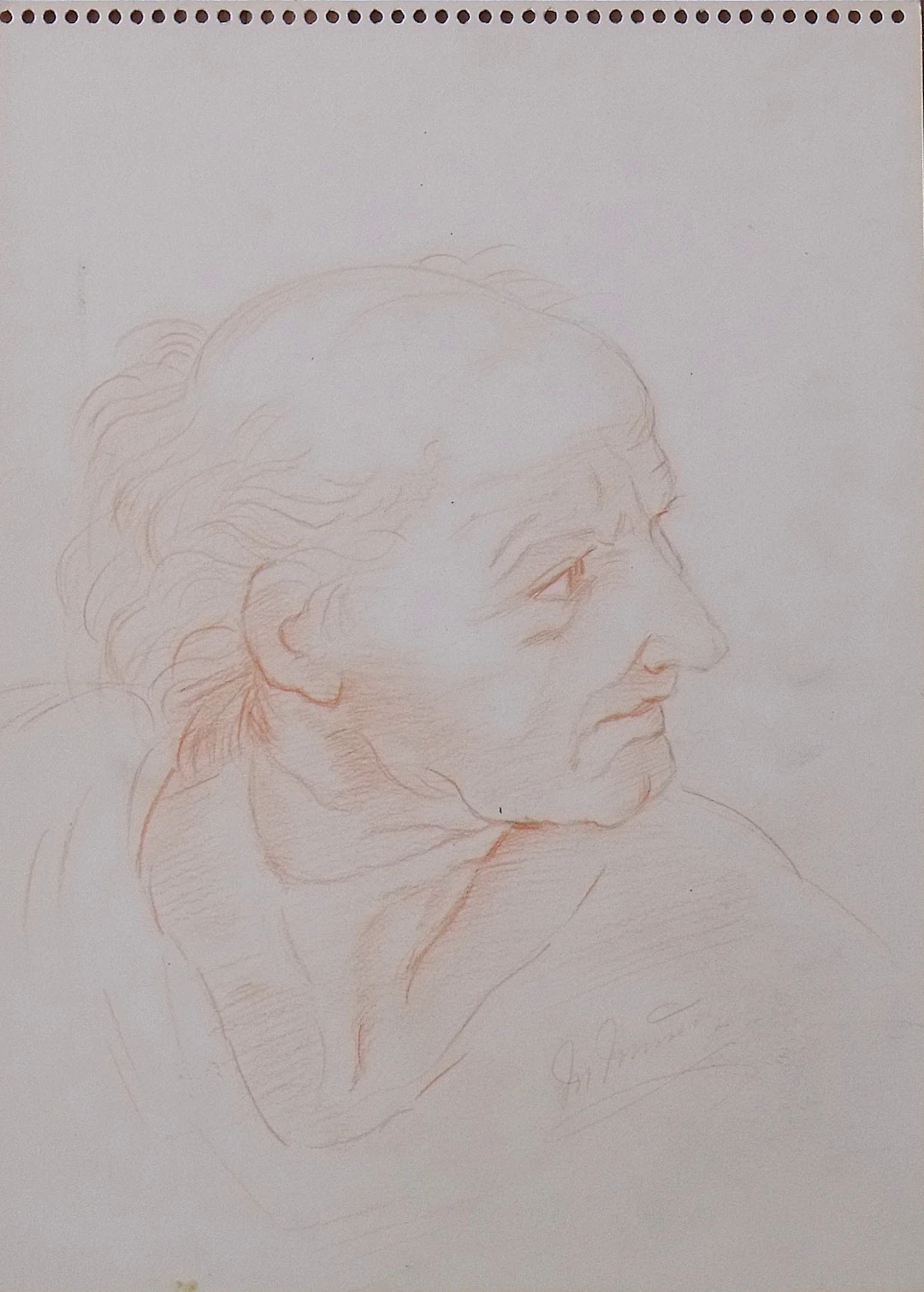 Mercedes Muñoz. “Old Man” pencil drawing on paper. Hand signed. Behind