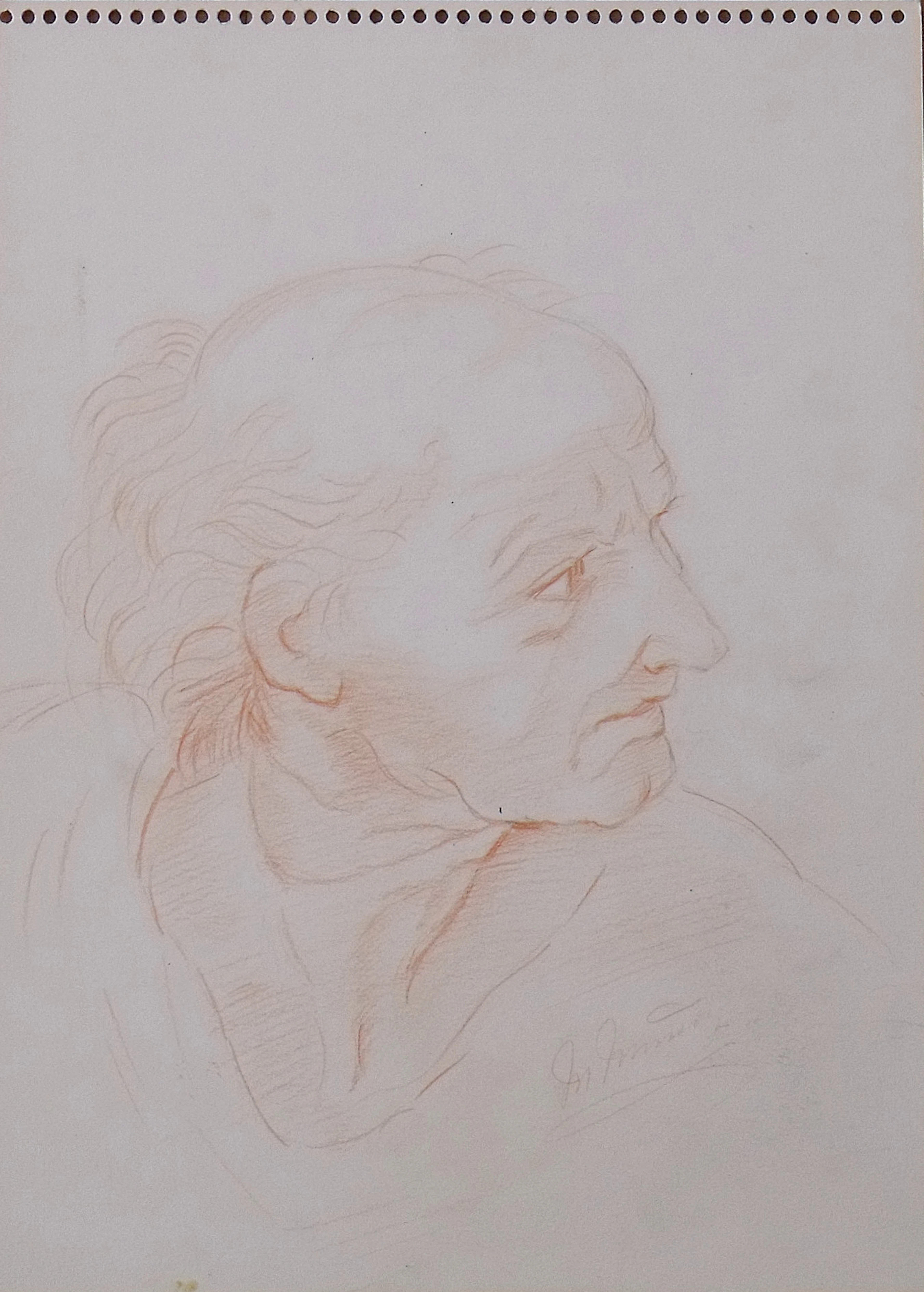 Mercedes Muñoz. “Old Man” pencil drawing on paper. Hand signed. Behind