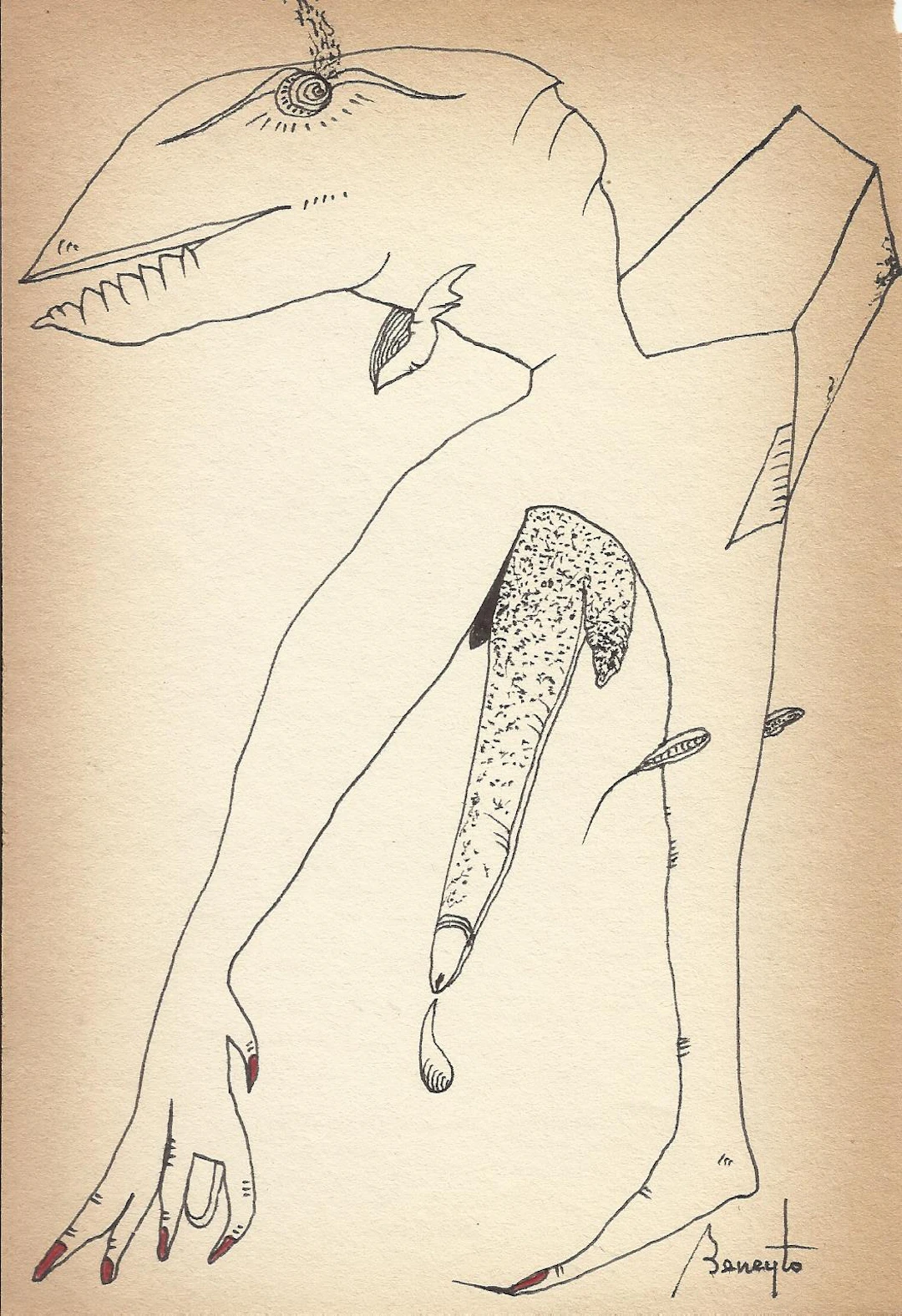 Antonio Beneyto. Ink and colored drawing on paper. Surrealism. Hand-signed.