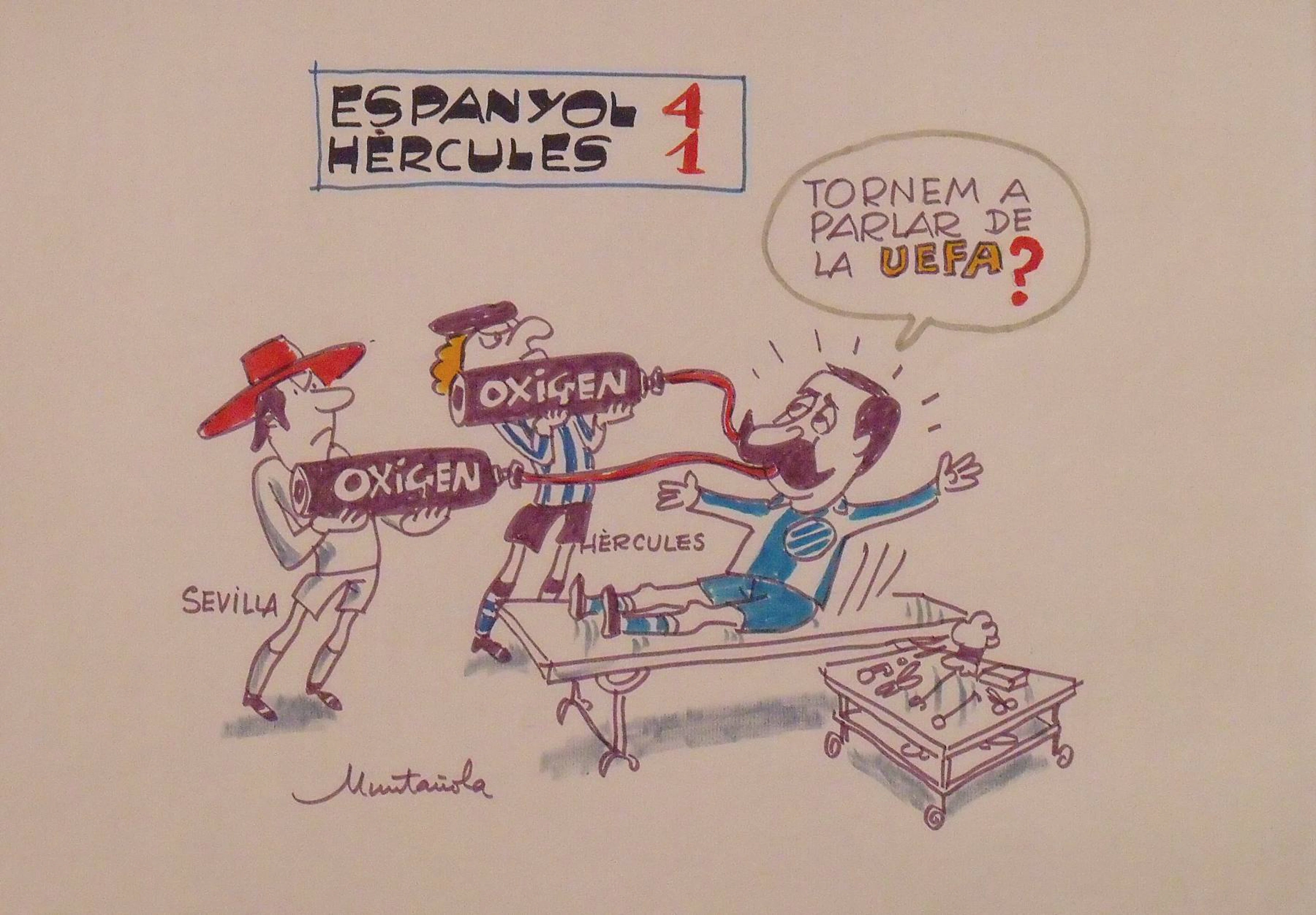 Joaquim Muntañola. Marker drawing “Espanyol 4 Hércules 1”. Signed