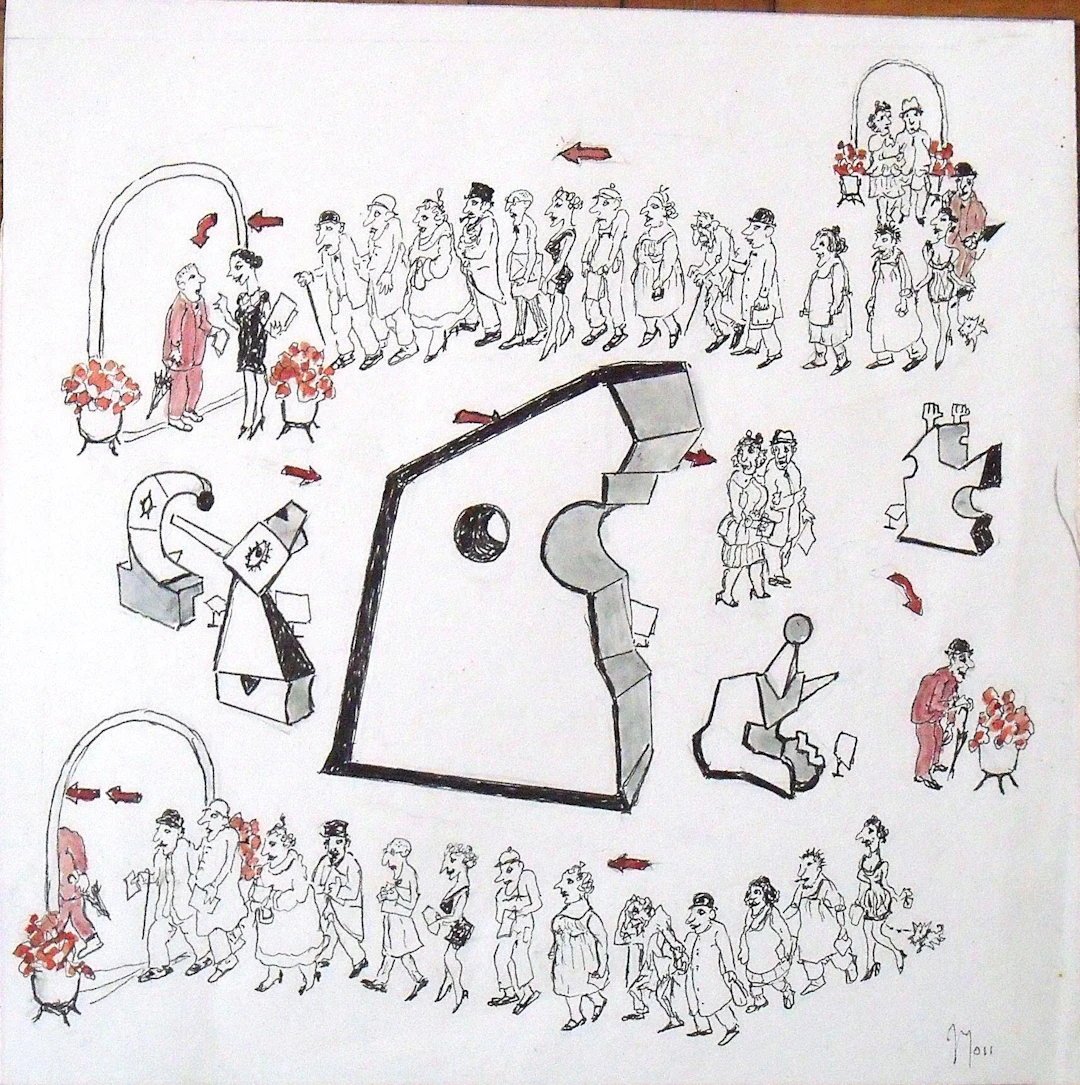 Joaquim Bartra. Humorous and ironic drawing. Hand signed.