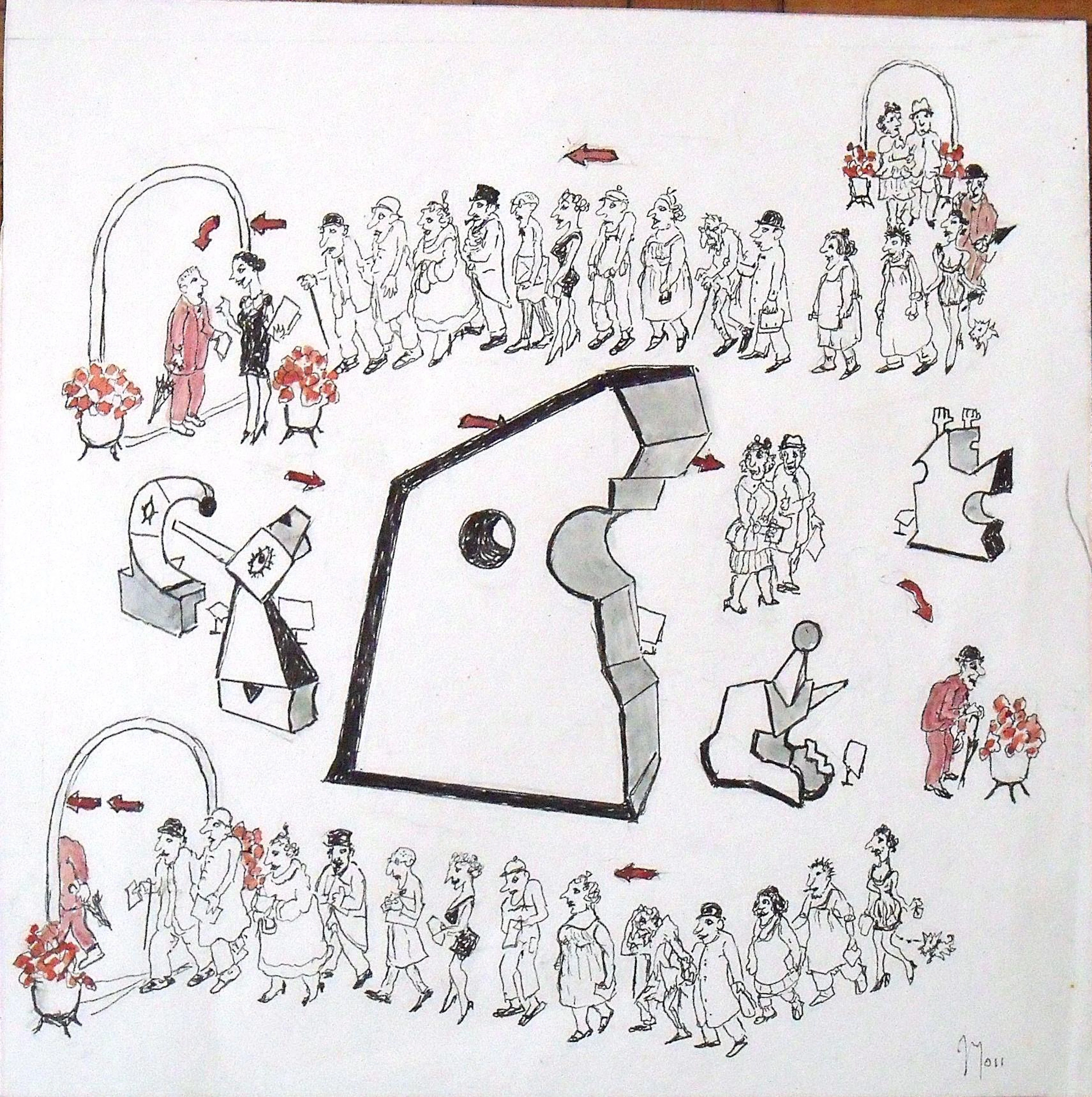 Joaquim Bartra. Humorous and ironic drawing. Hand signed.