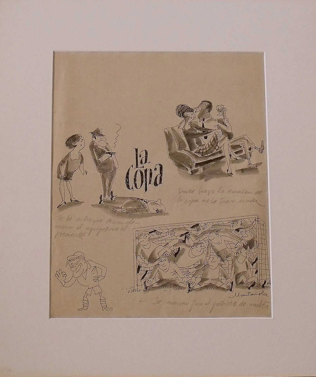 Joaquim Muntañola. Ink drawing “The Cup. Football”. Hand signed.