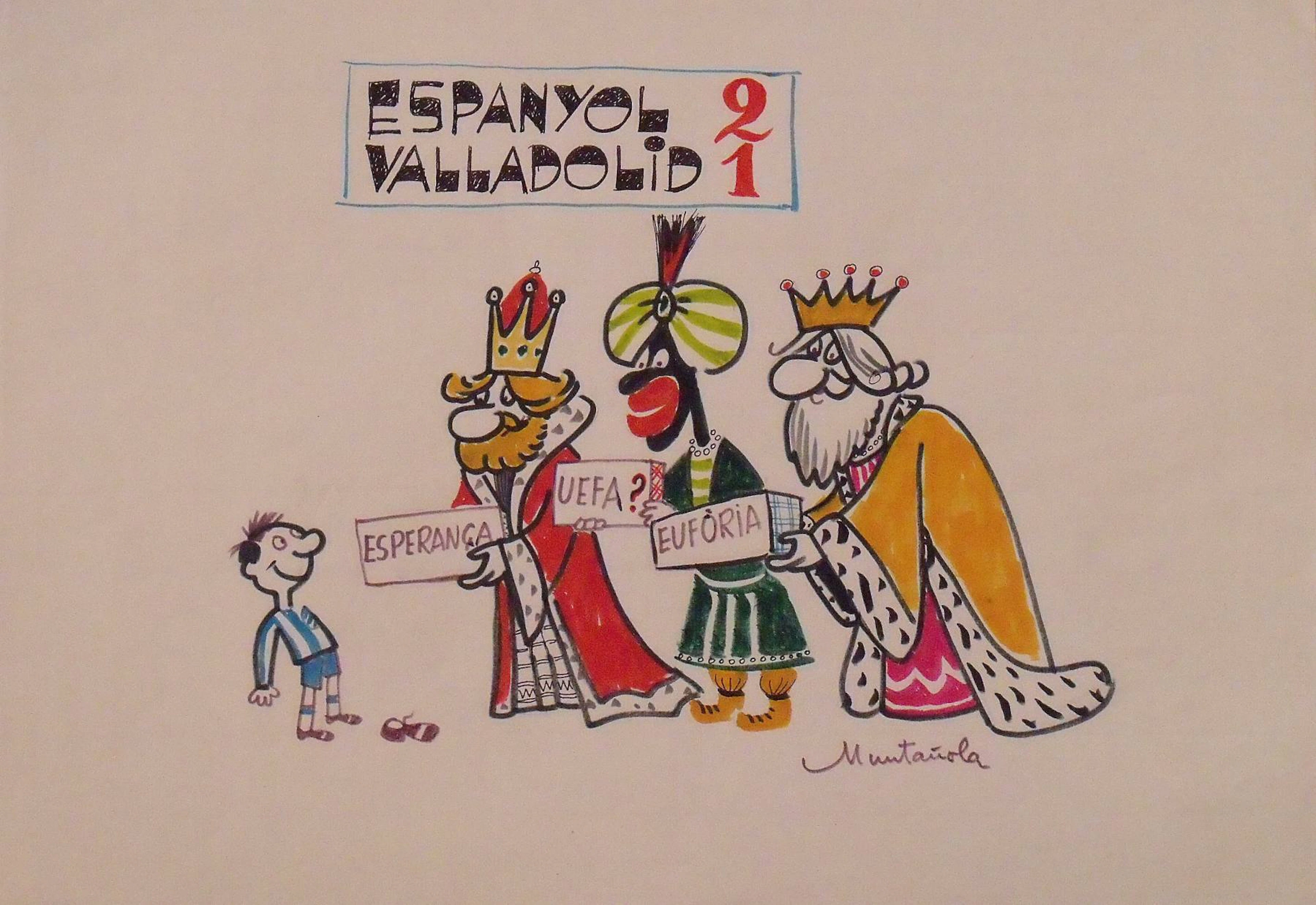 Joaquim Muntañola. Marker drawing “Espanyol 2 Valladolid 1”. Signed