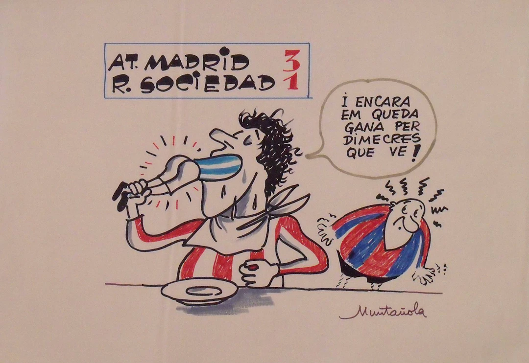 Joaquim Muntañola. Marker drawing “At. Madrid 3 Real Sociedad 1”.