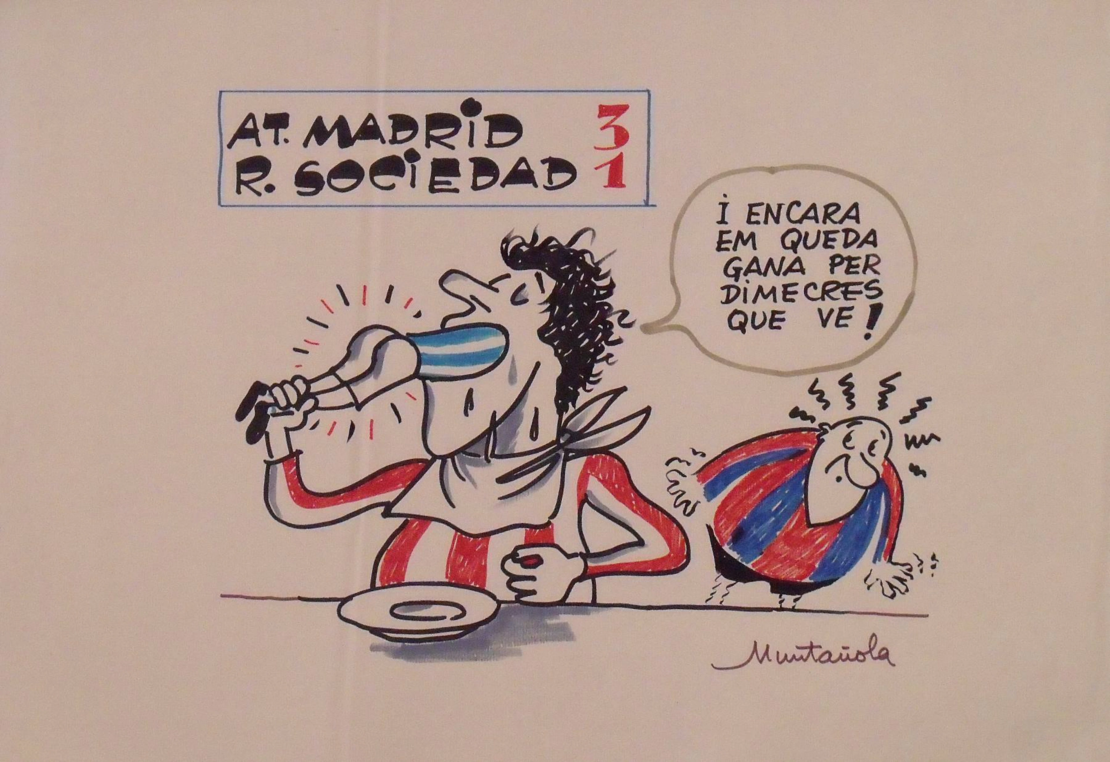 Joaquim Muntañola. Marker drawing “At. Madrid 3 Real Sociedad 1”.