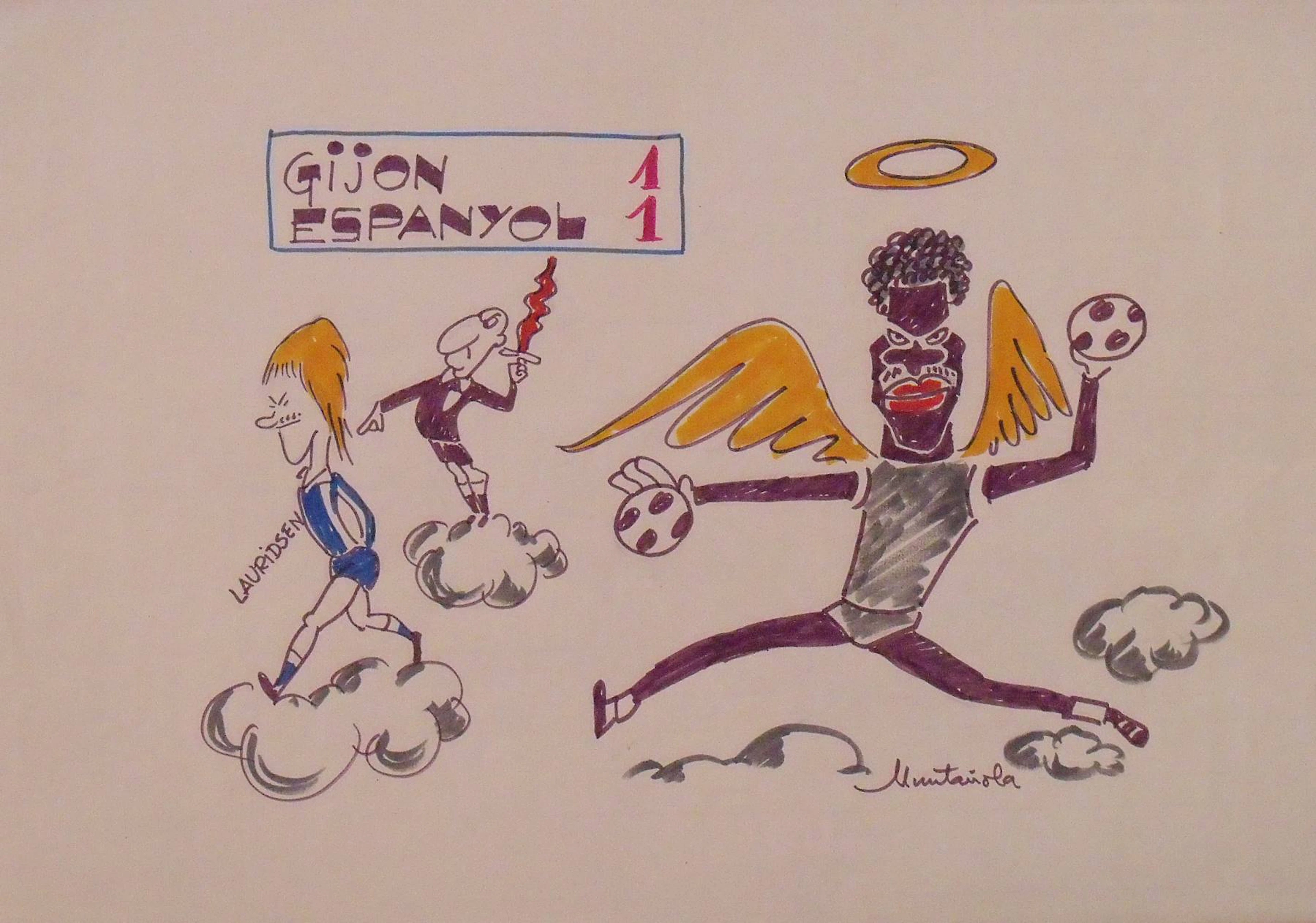 Joaquim Muntañola. Marker drawing “Gijón 1 Espanyol 1”. Signed by